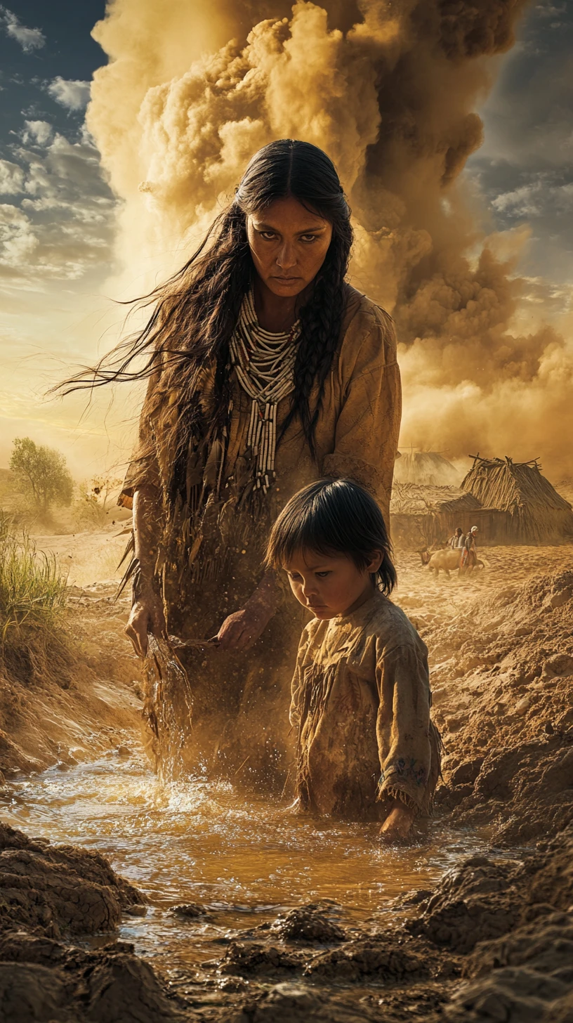 Donna e bambino nativi americani che prendono acqua nel deserto