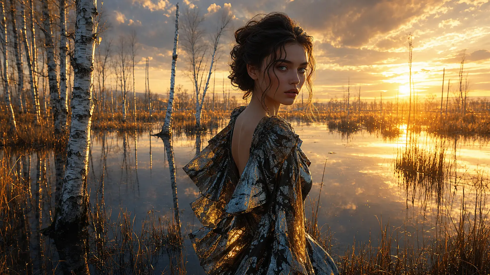 Woman in birch forest by mirrored swamp at golden hour
