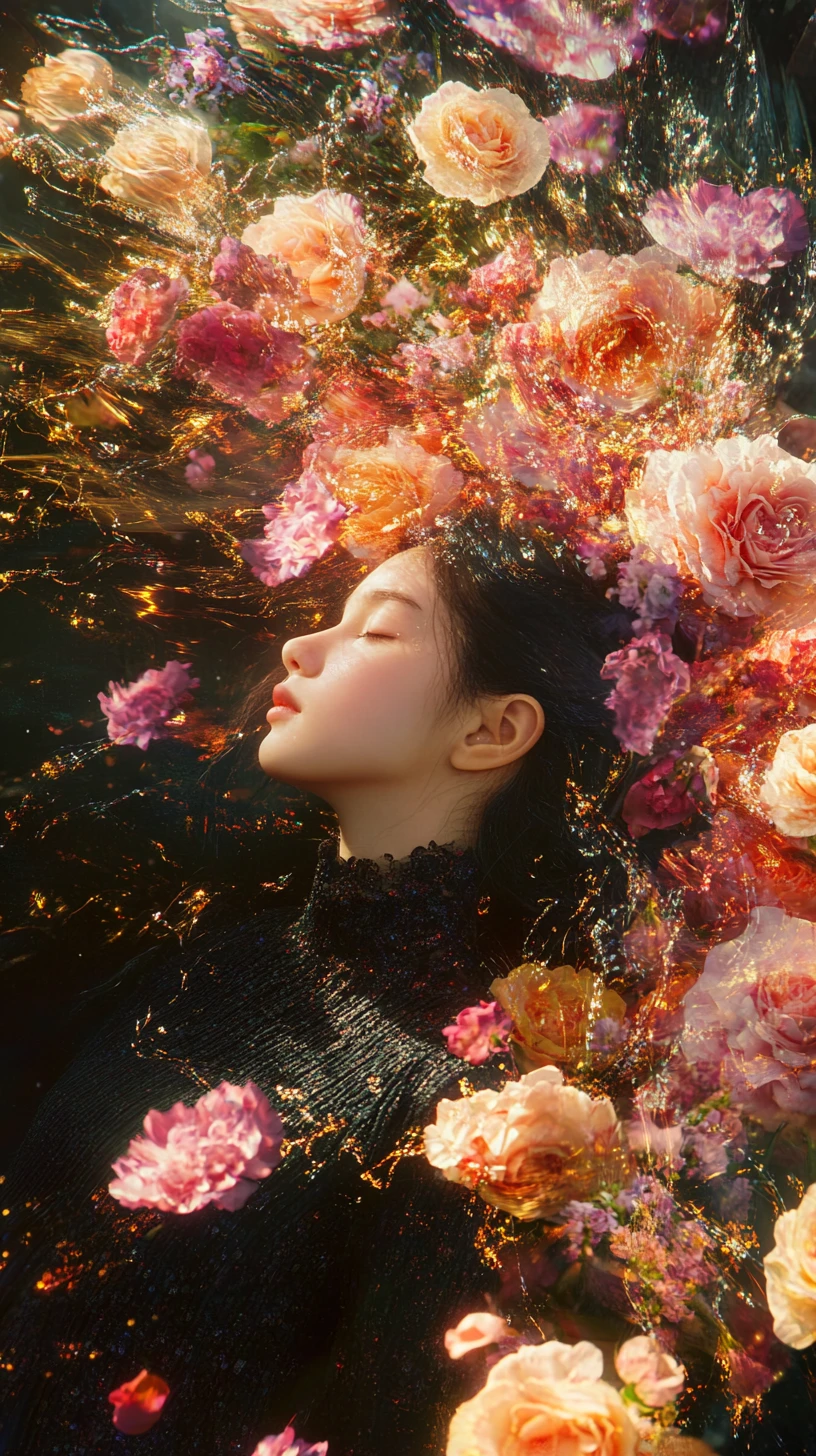Surreales Mädchen aus Blüten in einer fraktalen Blumenexplosion