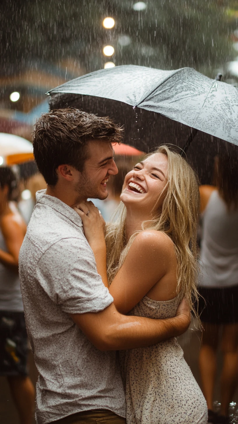 Laughing blonde couple in rain at outdoor farmers market