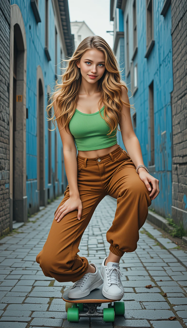 Confident young woman posing on skateboard in city alley