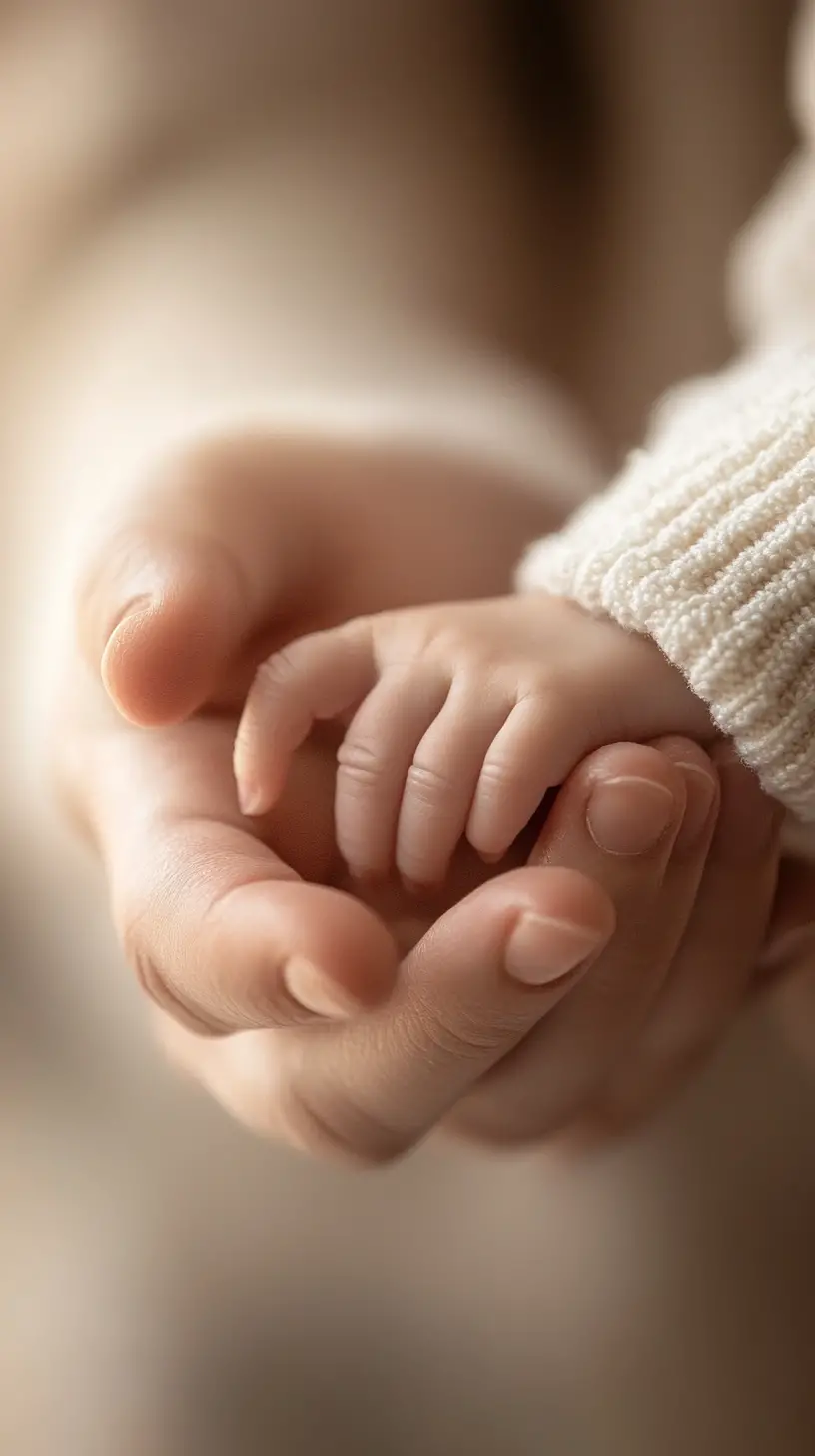 Babyhände halten Finger eines Erwachsenen im warmen, sanften Licht