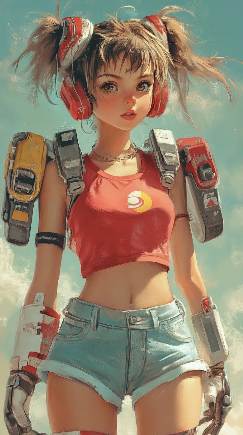 可愛穿著鎧甲的動漫少女與粉彩賽博背景
