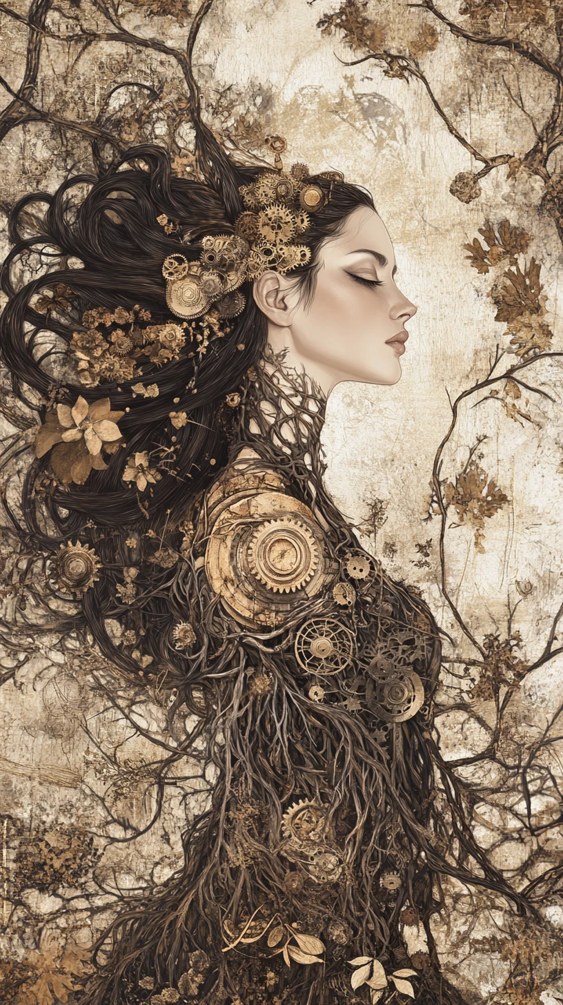 Surreal regal woman fused with clockwork and thorny vines