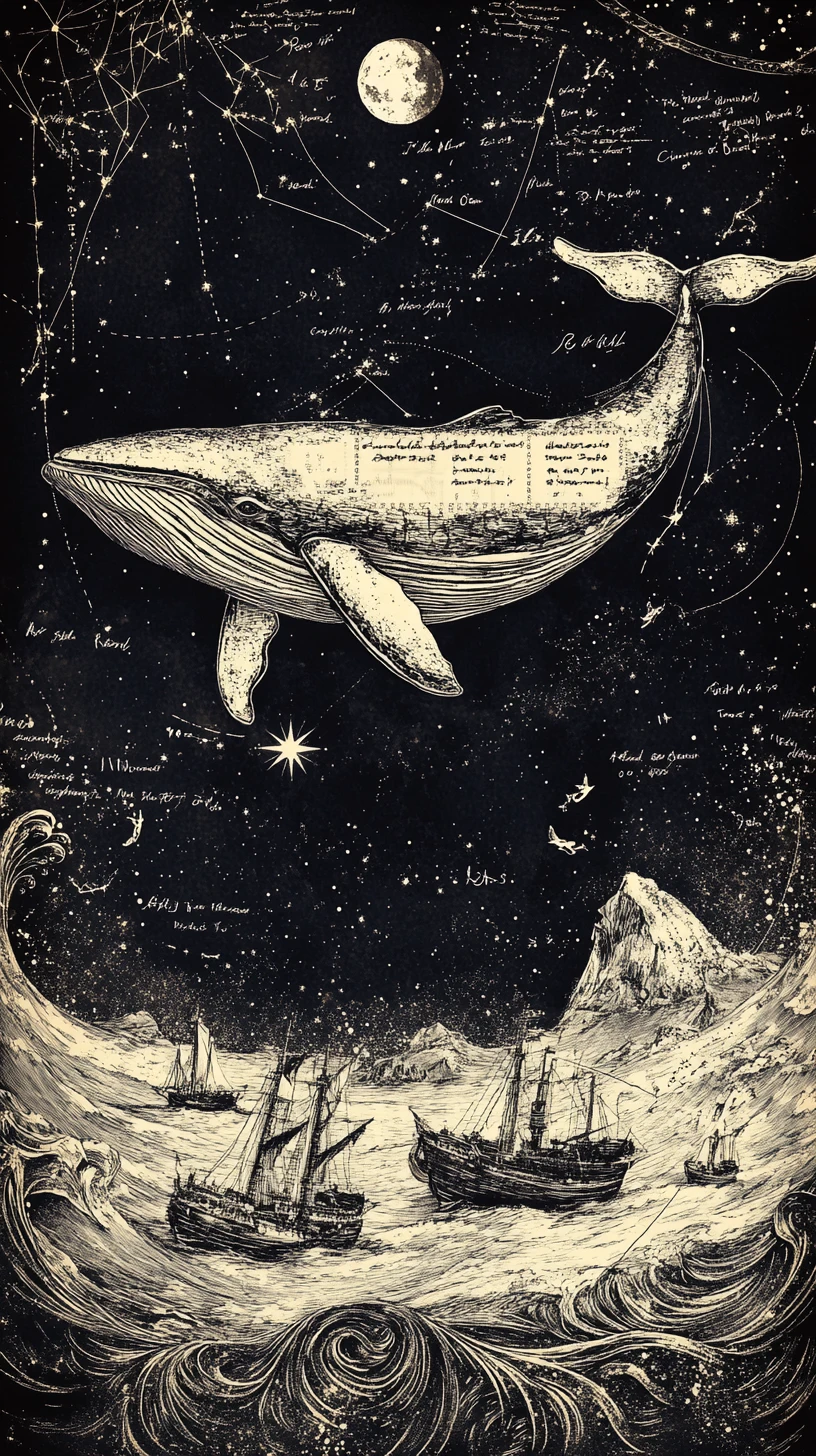 Colossal whale swimming through a surreal ocean of timelines