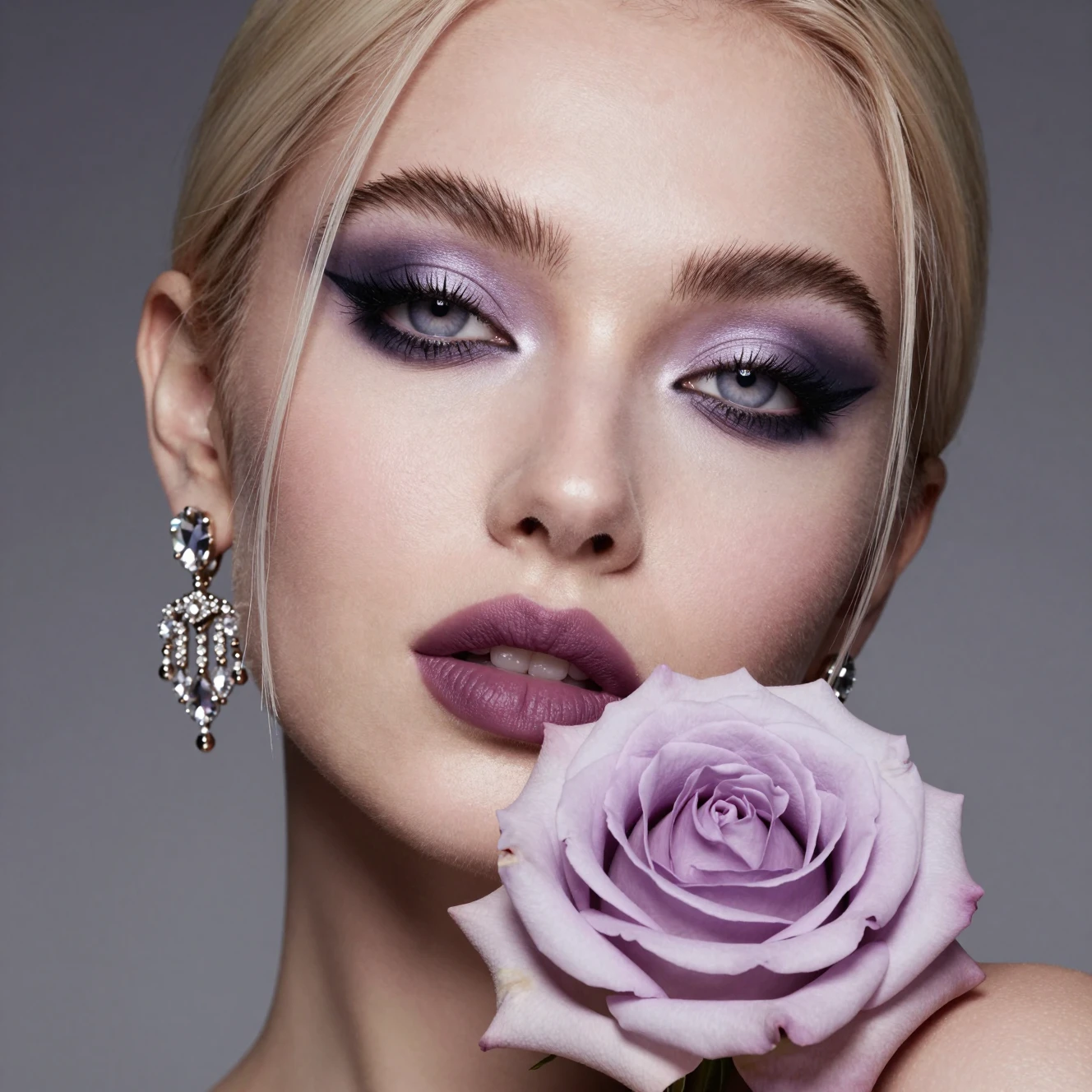 Retrato de belleza lujoso de una chica con rosa lavanda