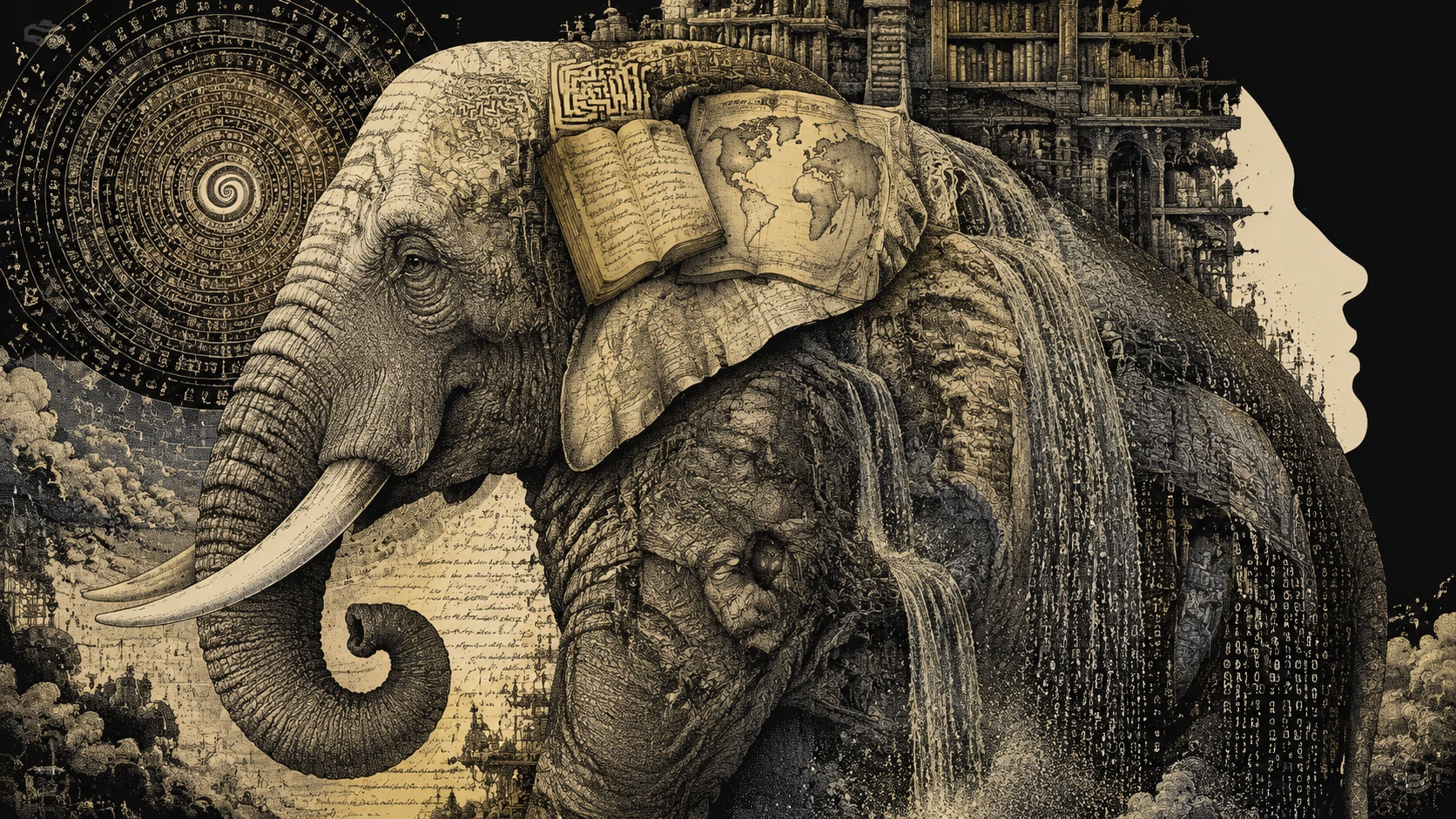 Elefante antigo feito de bibliotecas, mapas, diários e dados
