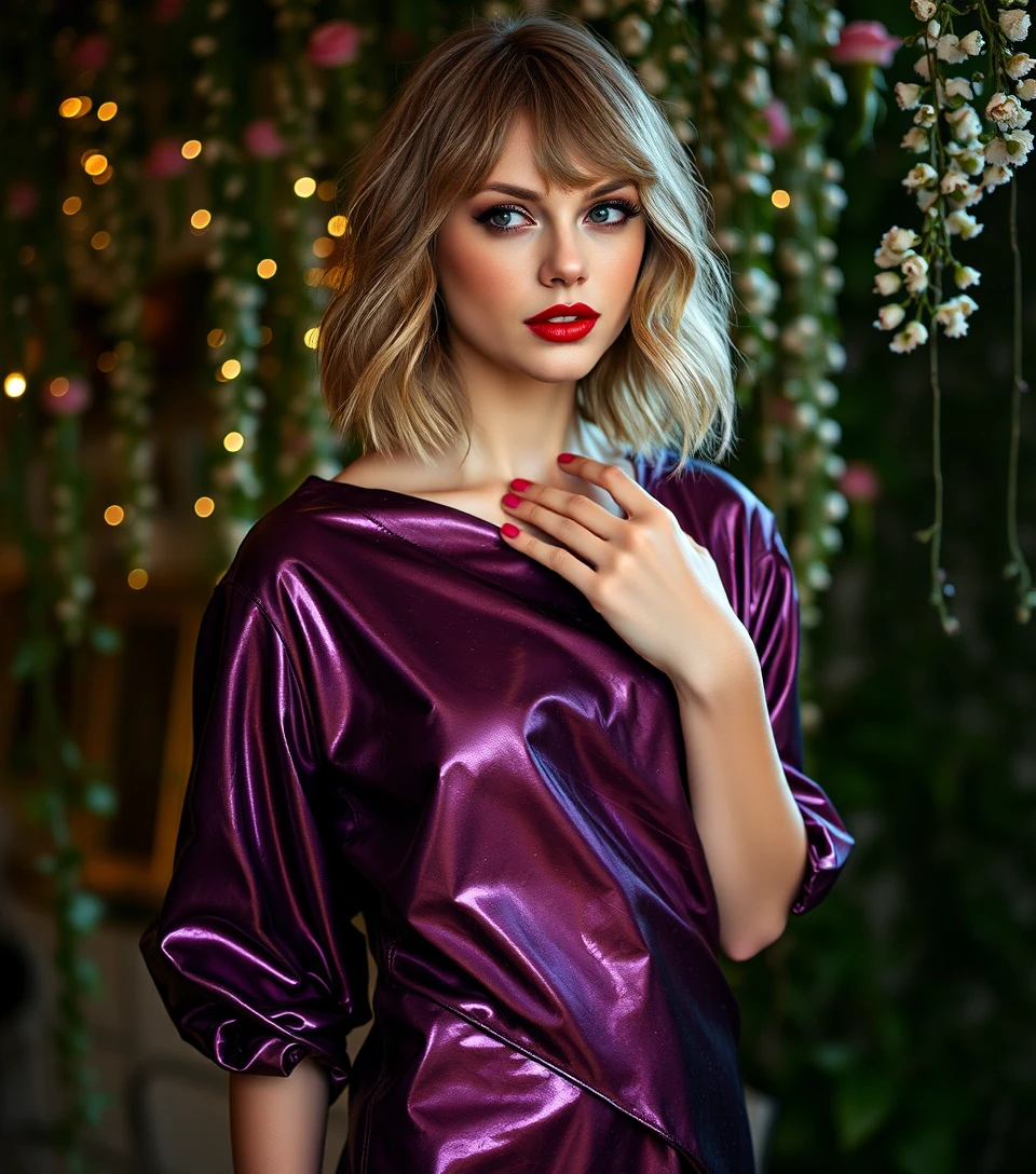 Woman in metallic purple dress in soft indoor light