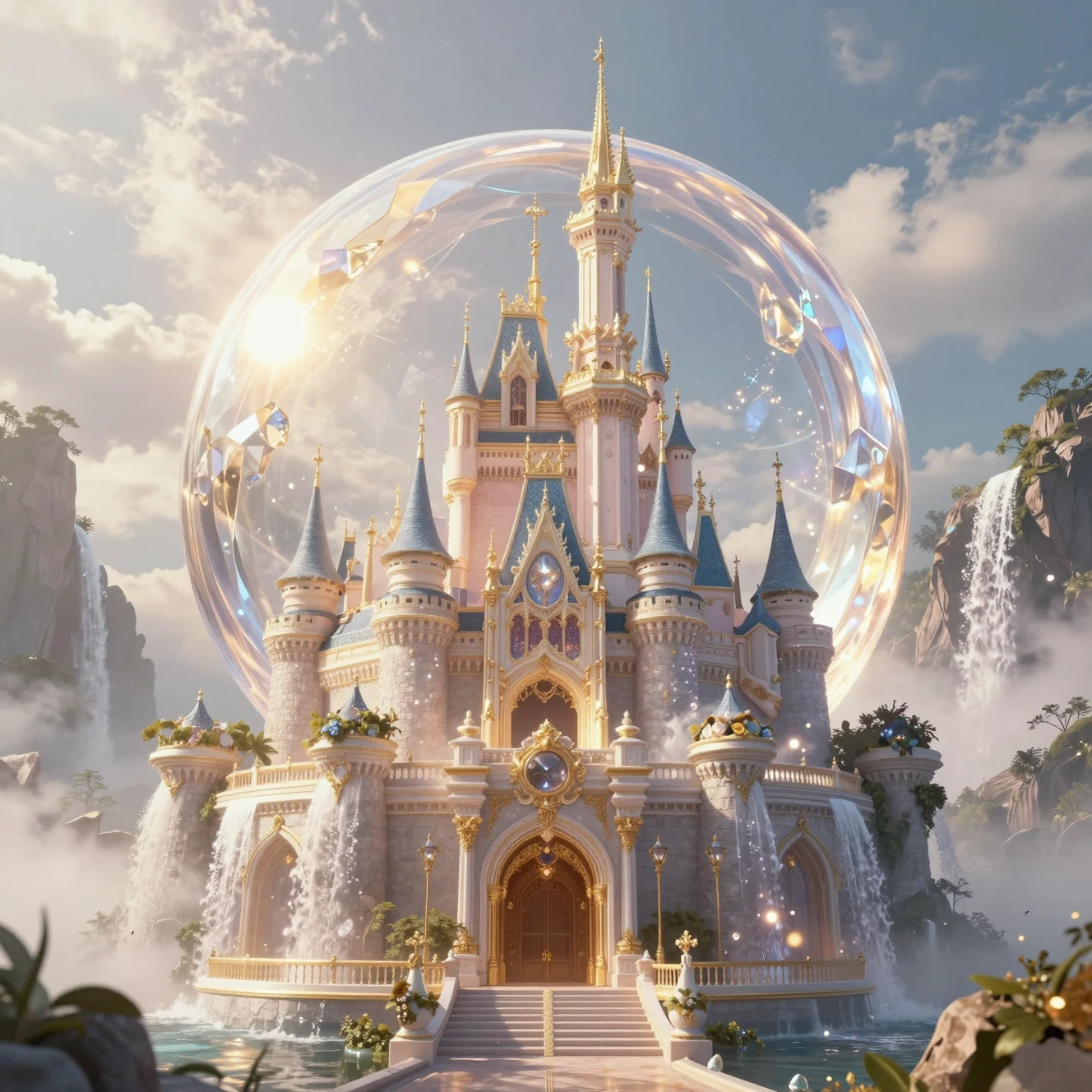 Castelo antigo em um orbe de cristal brilhante sobre cachoeiras