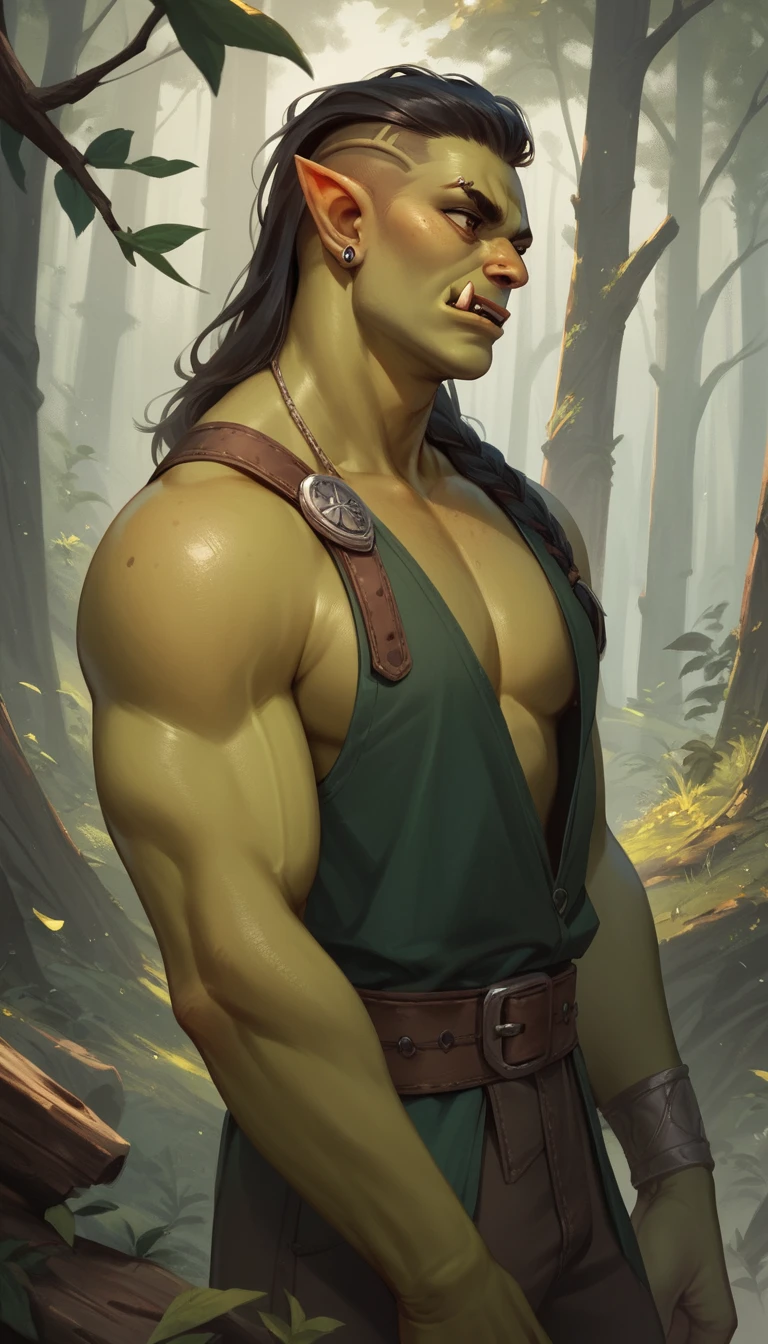 Orc em uma floresta visto de lado olhando para a esquerda