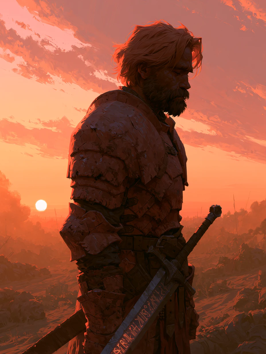 Battle worn paladin standing victorious at sunset battlefield