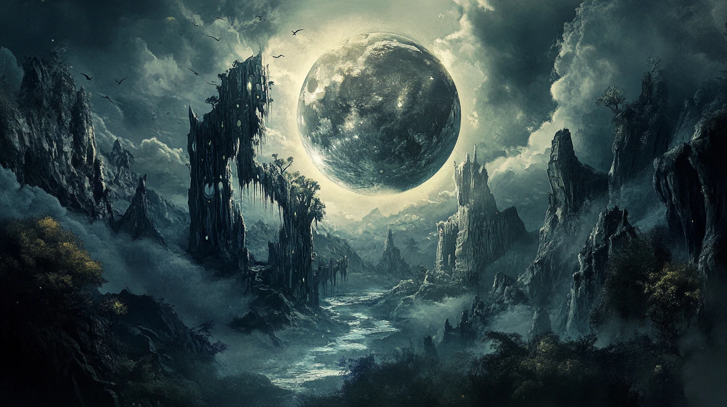 Lune fracturée révélant un monde enchanté en son sein