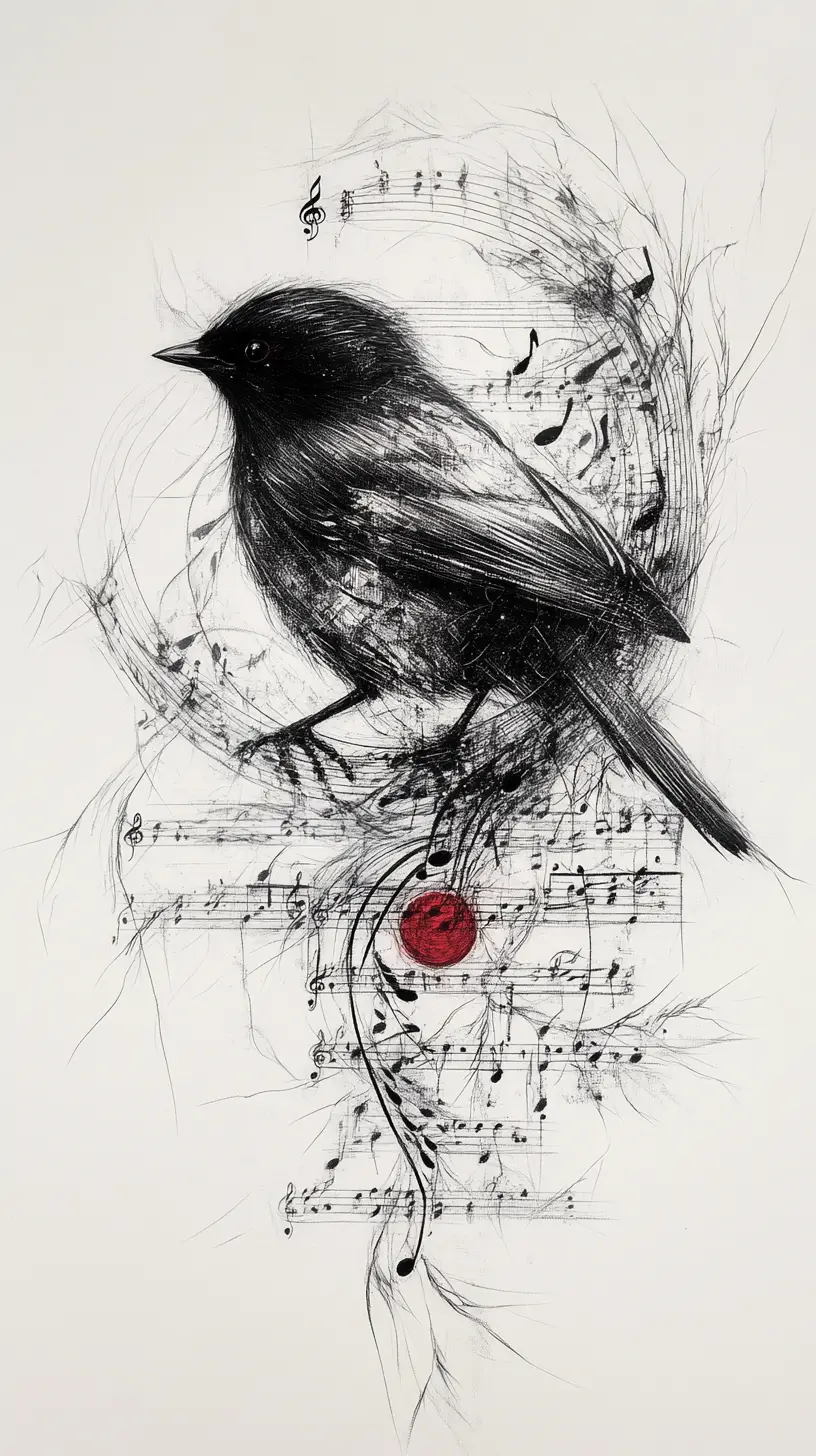 Songbird Transforming Into Flowing Musical Notation And Soundwaves