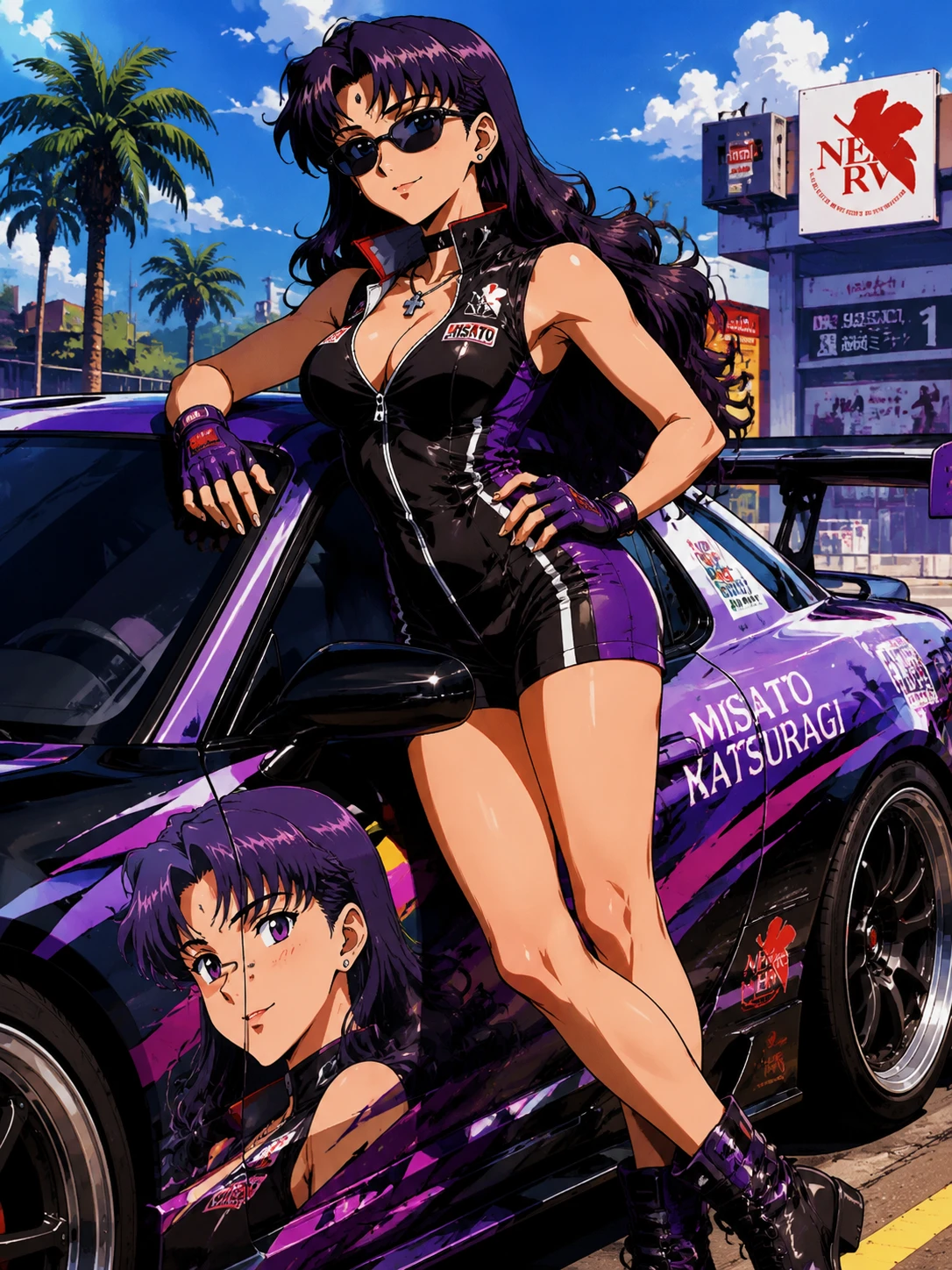 Pilote de course anime confiante posant près d'une voiture de sport