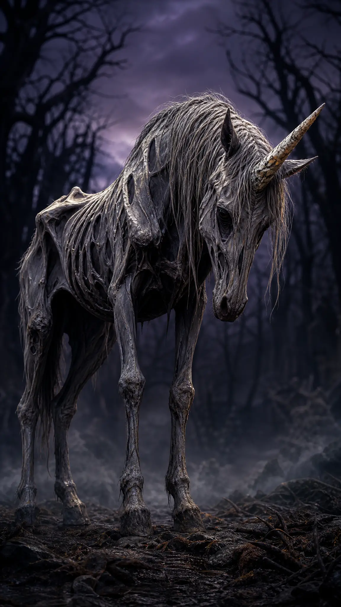 Licorne maigre dans une clairière de forêt fantastique au crépuscule brumeux