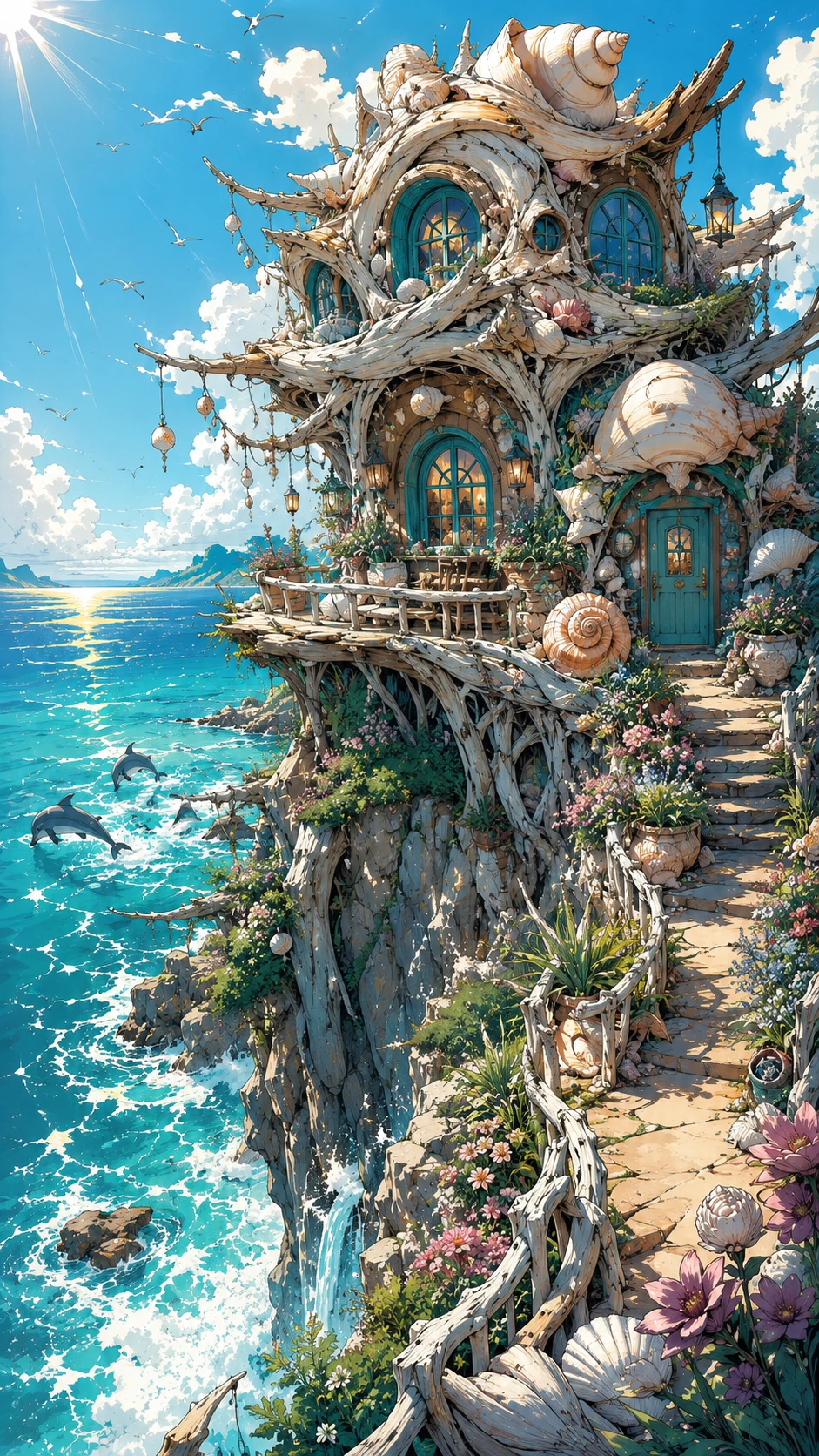 밝은 터키석 바다 위에 자리한 기 whimsical 한 유목 오두막