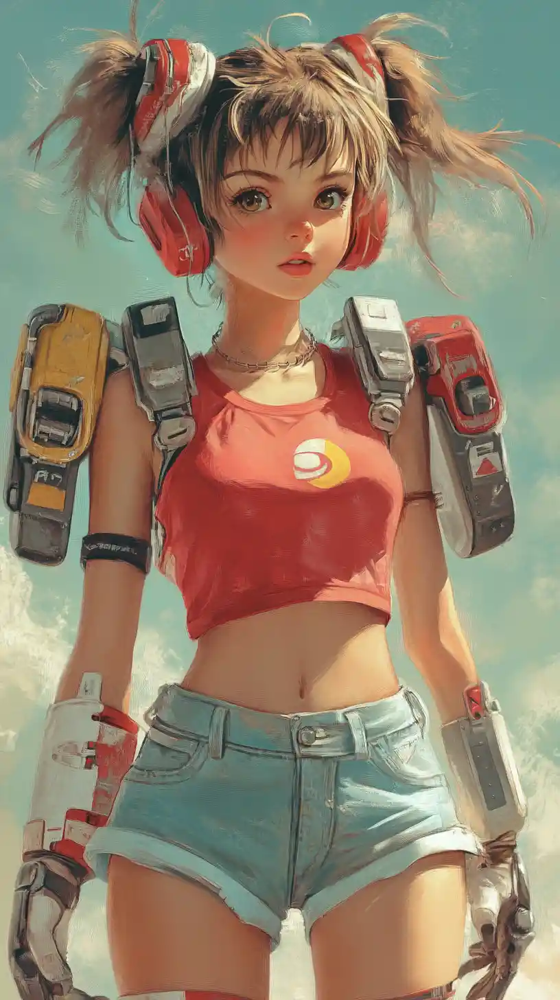 可愛穿著鎧甲的動漫少女與粉彩賽博背景