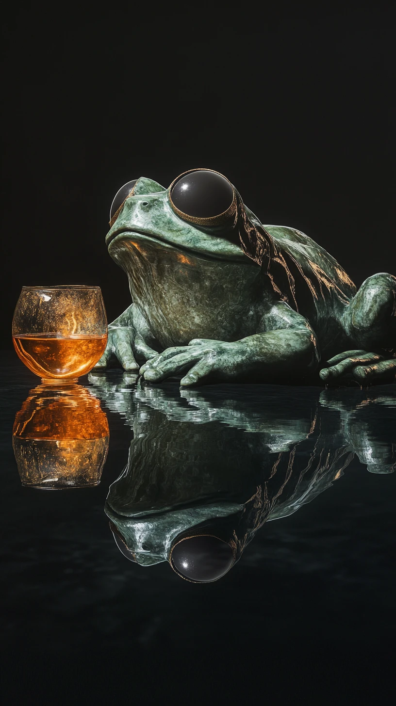 Grenouille de jade surréaliste allongée dans un sombre vide réfléchissant