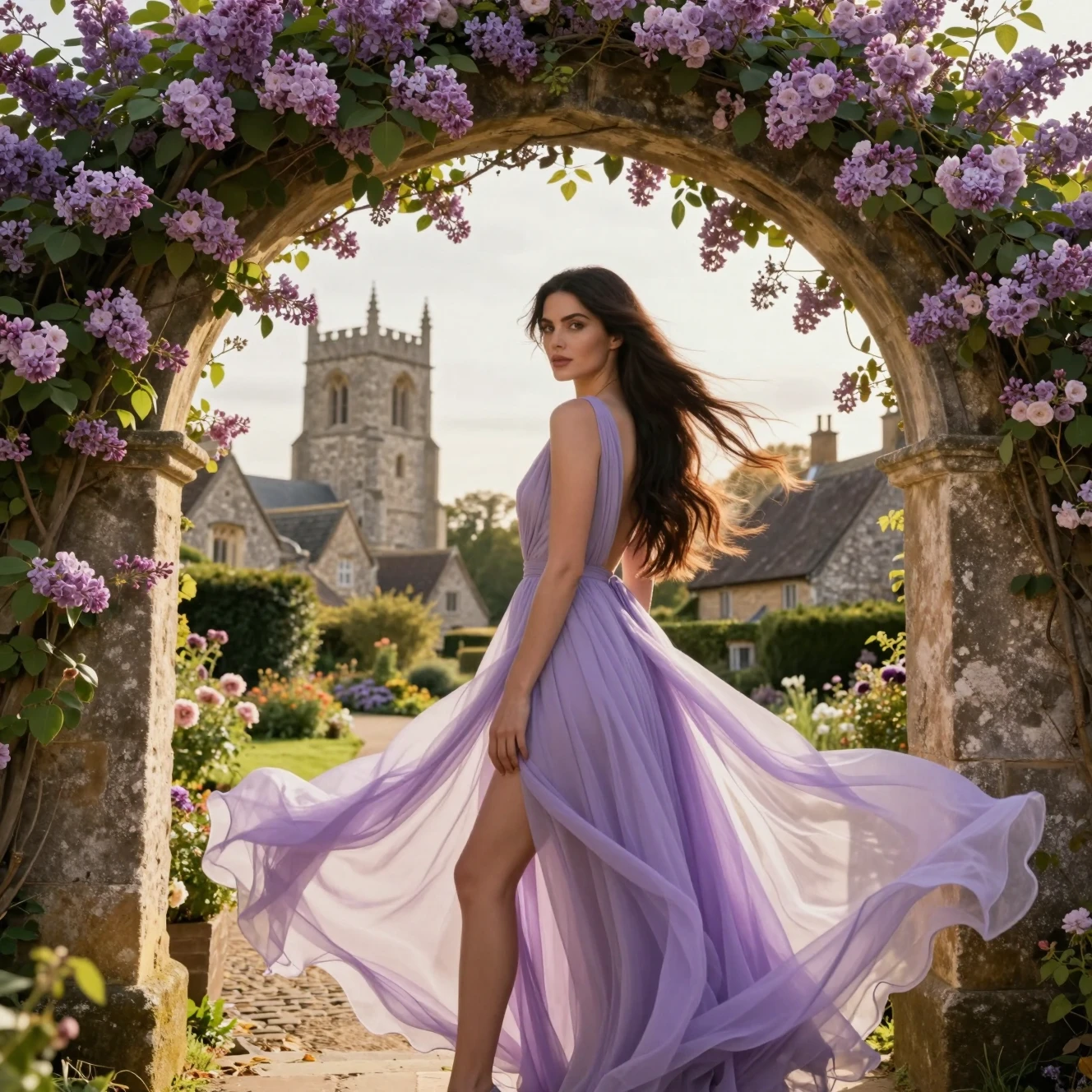 Woman in lilac gown under rose covered stone archway