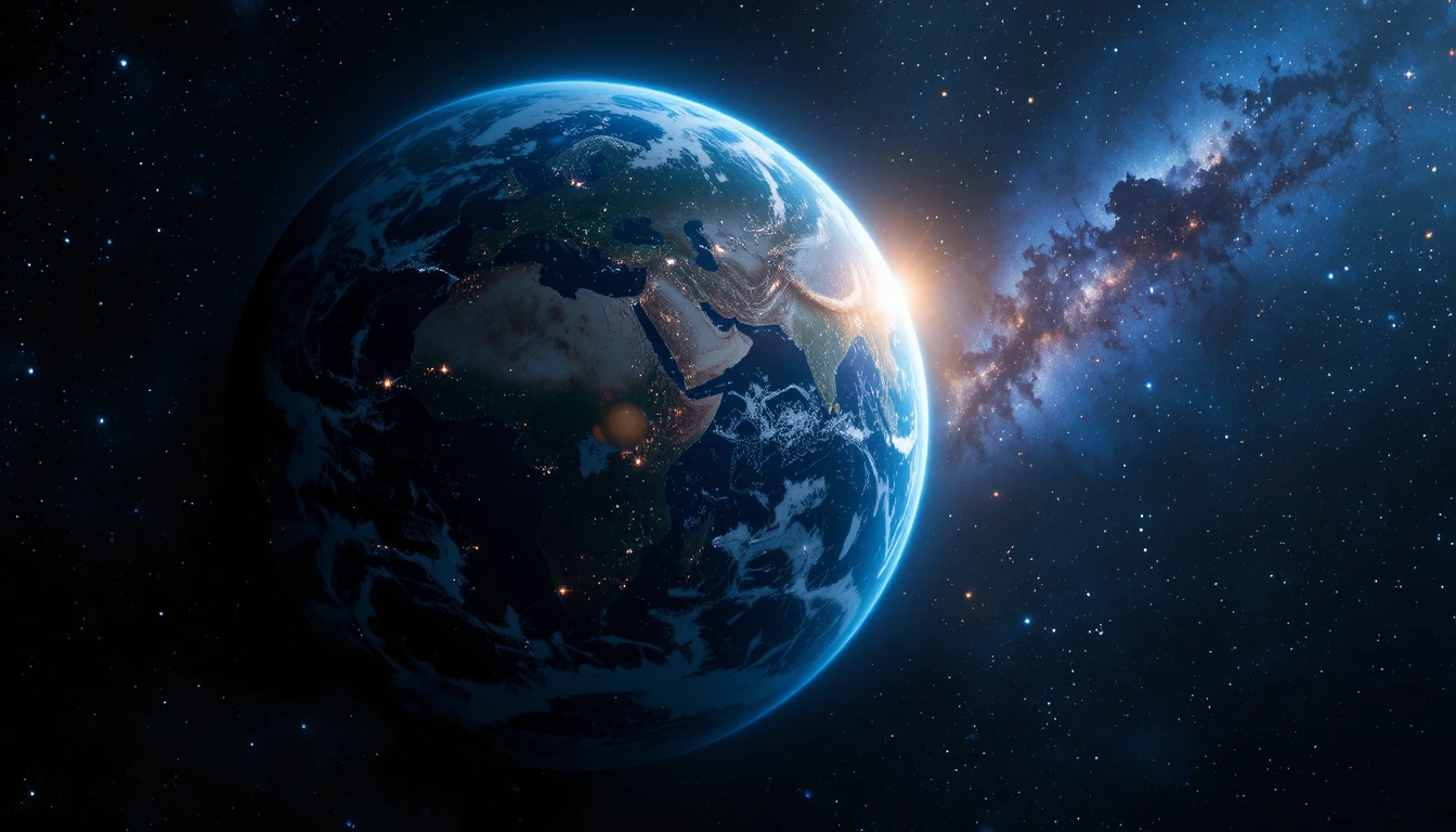 半陷陰影的地球與佈滿星辰的宇宙星雲
