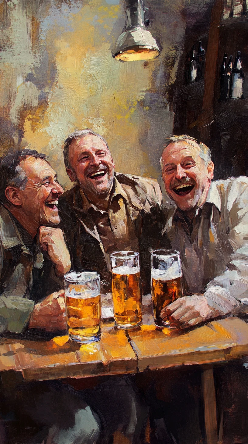 Drei Männer lachen gemeinsam bei Bier an einem gemütlichen Tisch