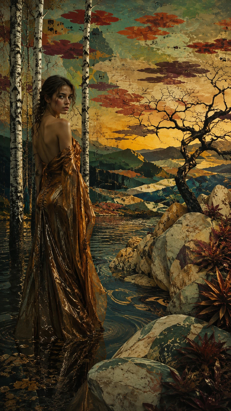 Mulher surreal em alta-costura diante de rochas em mosaico e mar tempestuoso