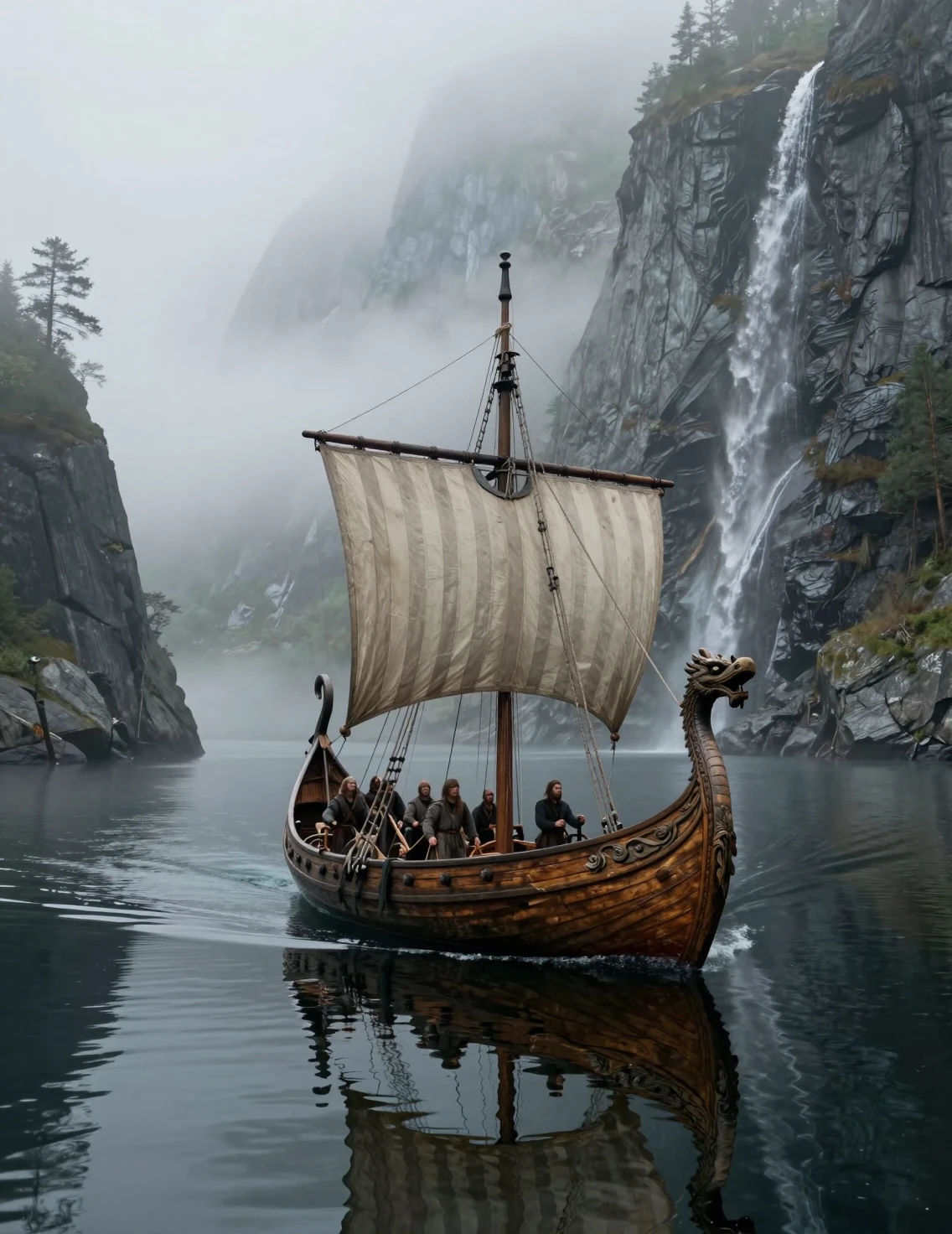 Wikinger-Langschiff segelt durch nebeligen nordischen Fjord