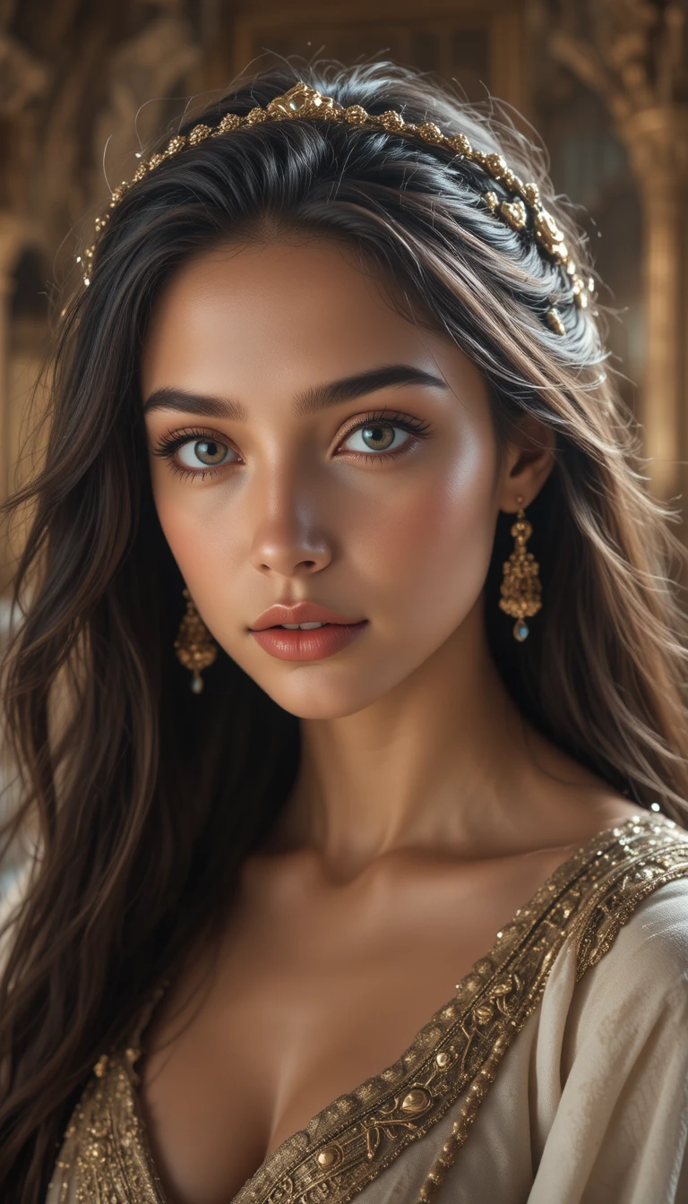 Young woman in Persian royal attire in palace light