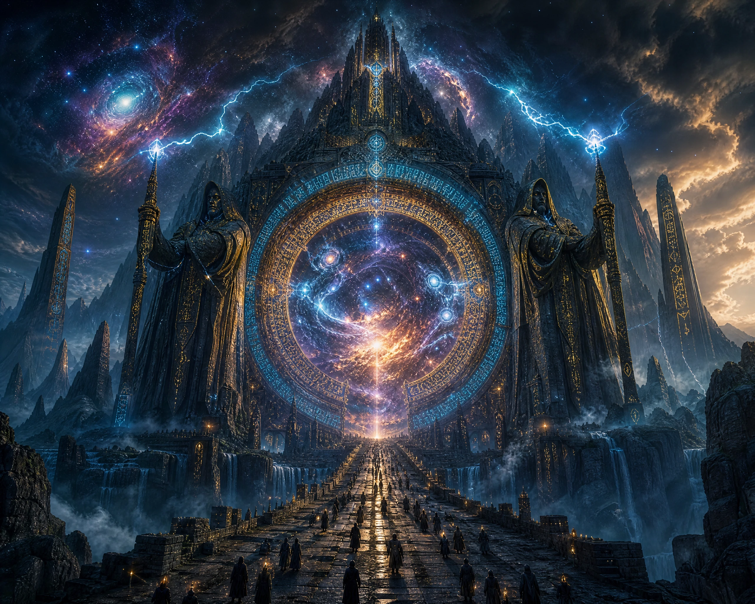 Colossal arcane gateway carved into a dark mountain range