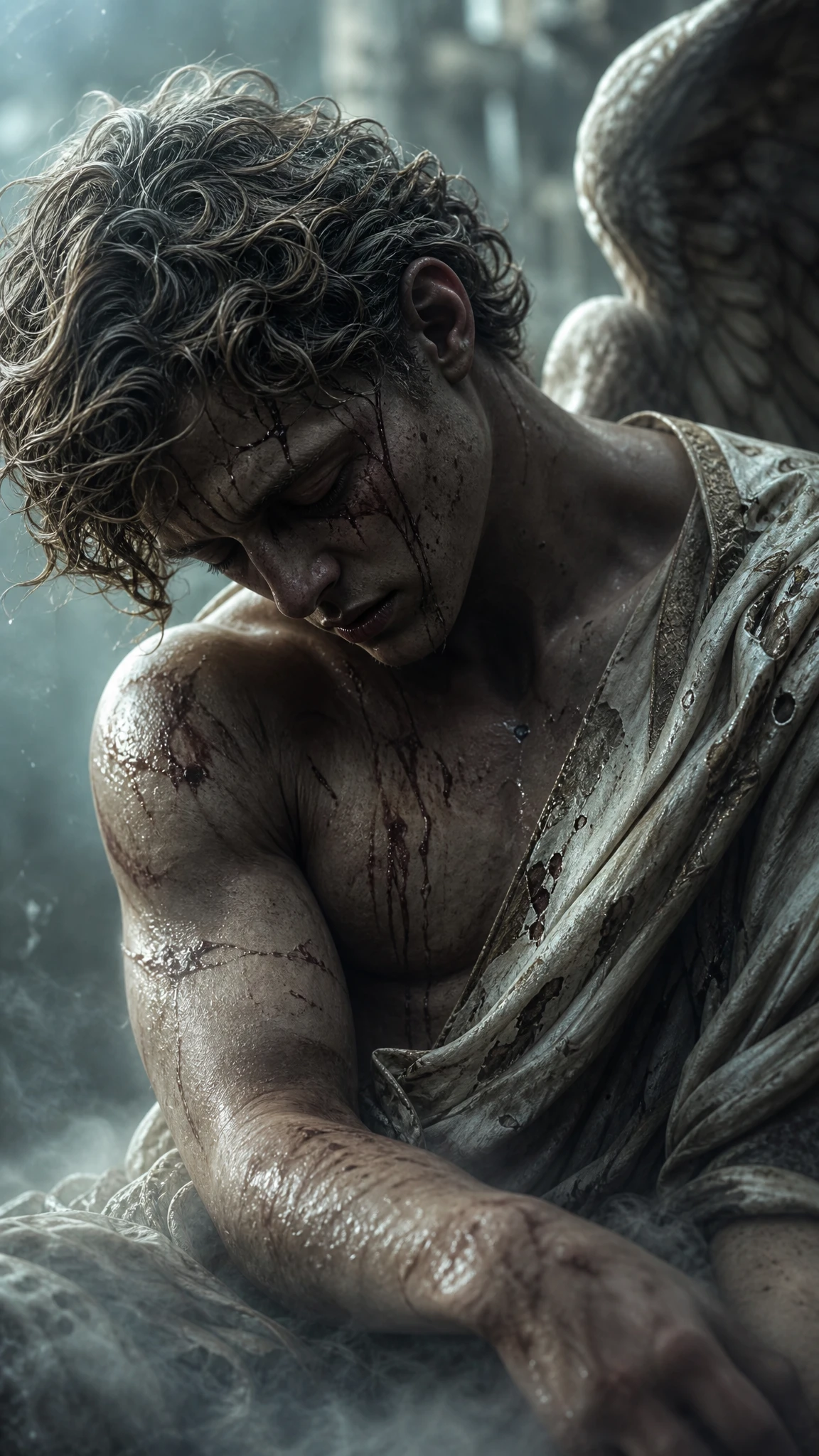 Surreal close up of a fallen angel in misty light