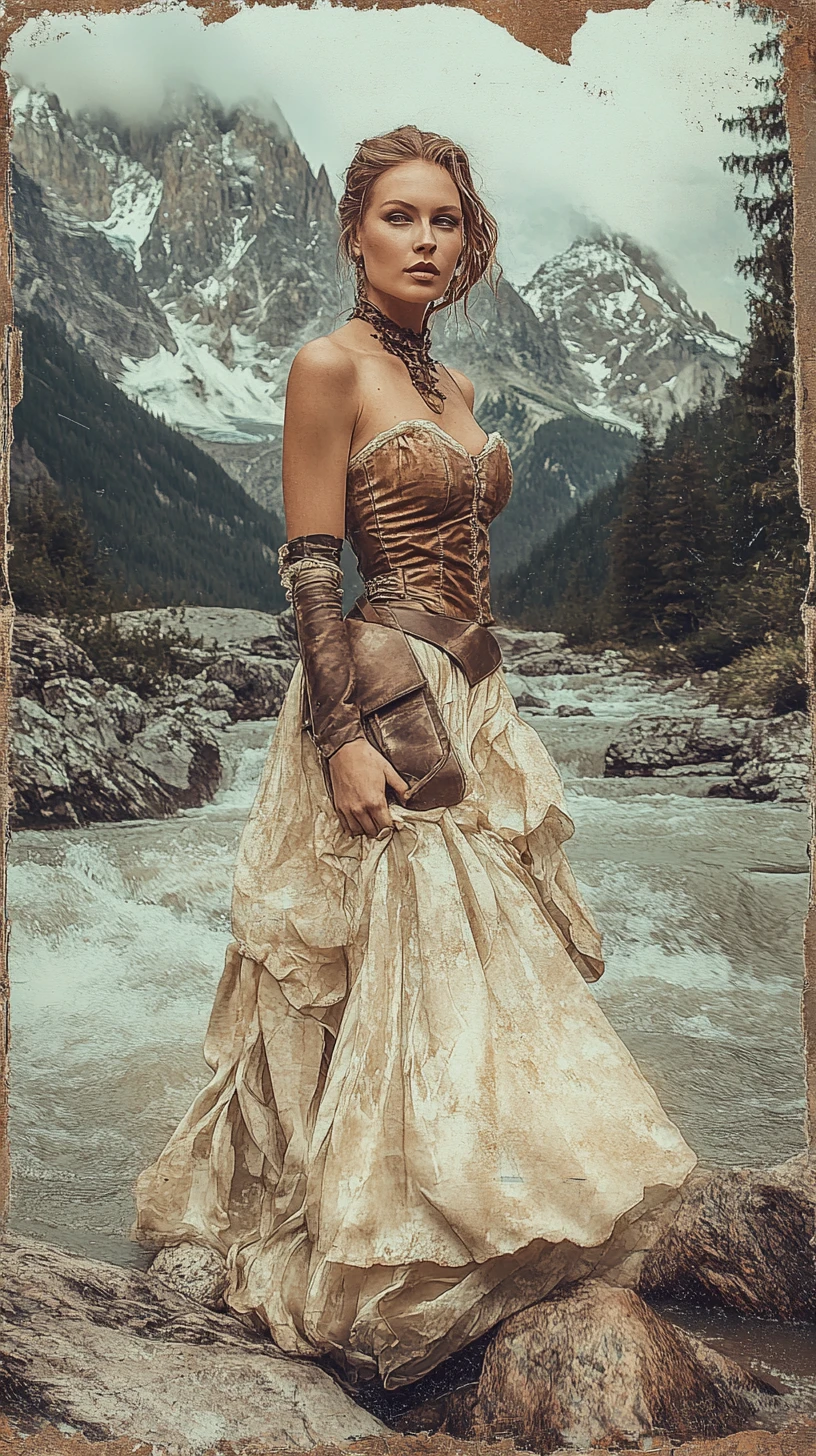 Vintage woman in leather dress by a wild mountain river
