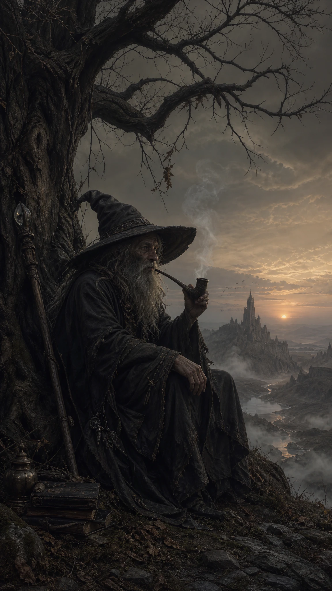 Velho mago sob a árvore ancestral ao amanhecer com fumaça de cachimbo