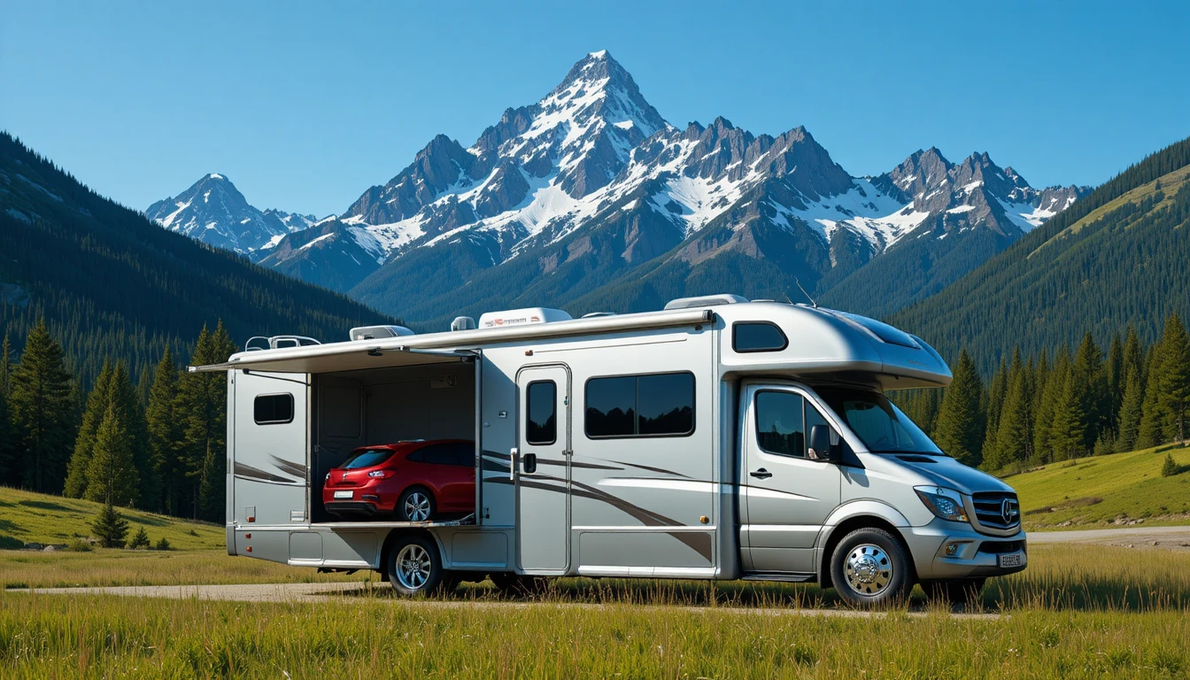 Motorhome de luxo com carro esportivo vermelho em paisagem montanhosa