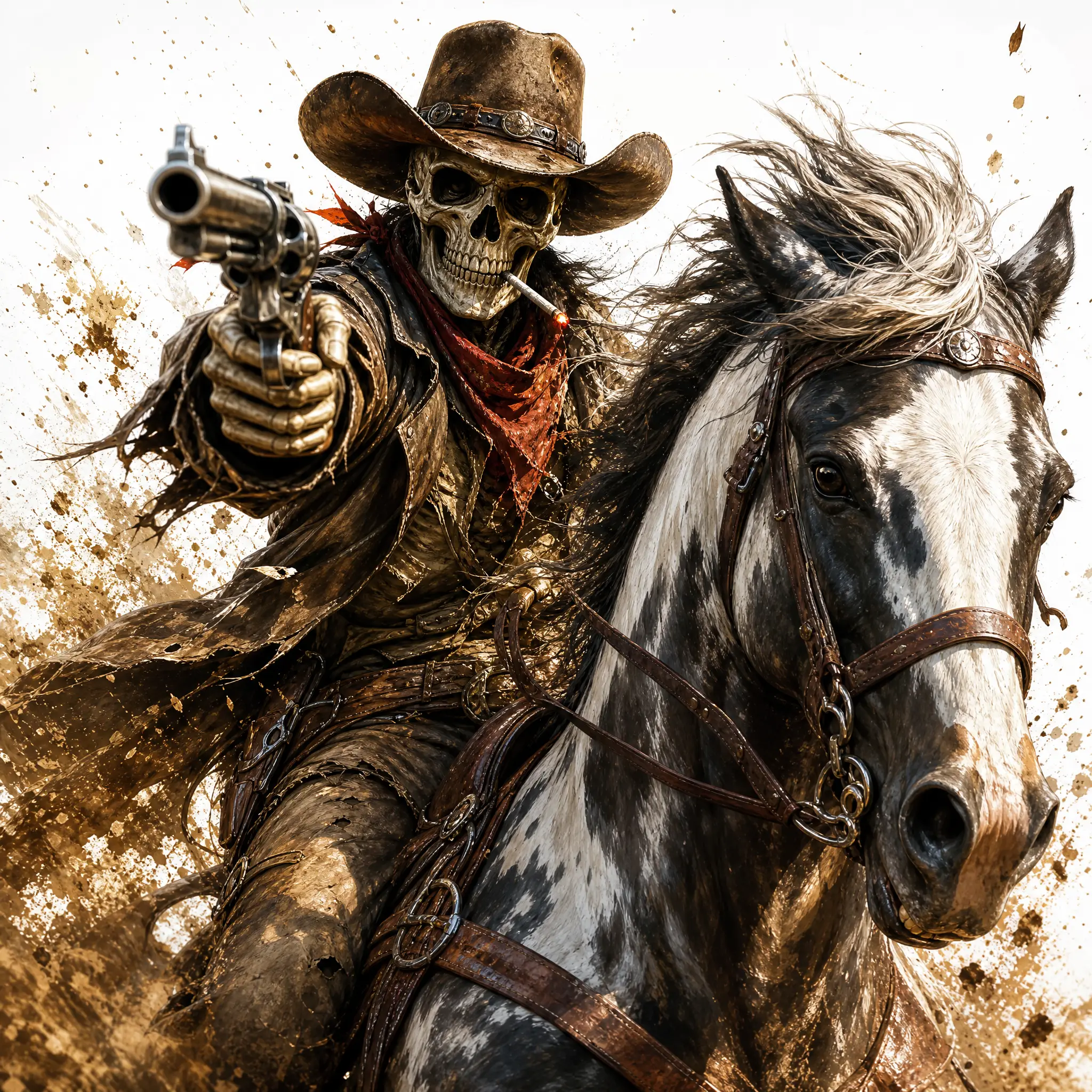 Cowboy esqueleto avançando com pistola em punho