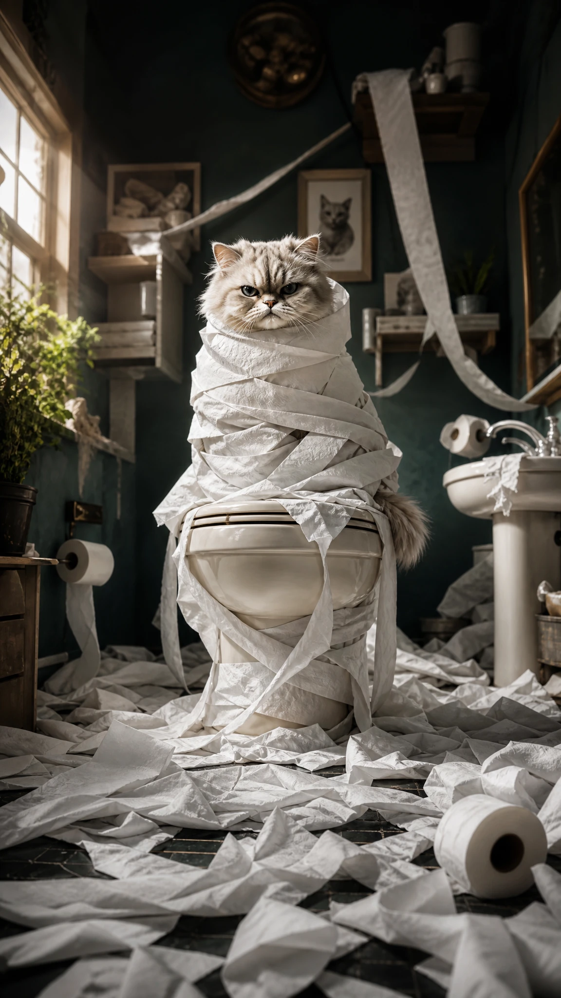 Gato persa enrolado em papel higiênico em banheiro bagunçado
