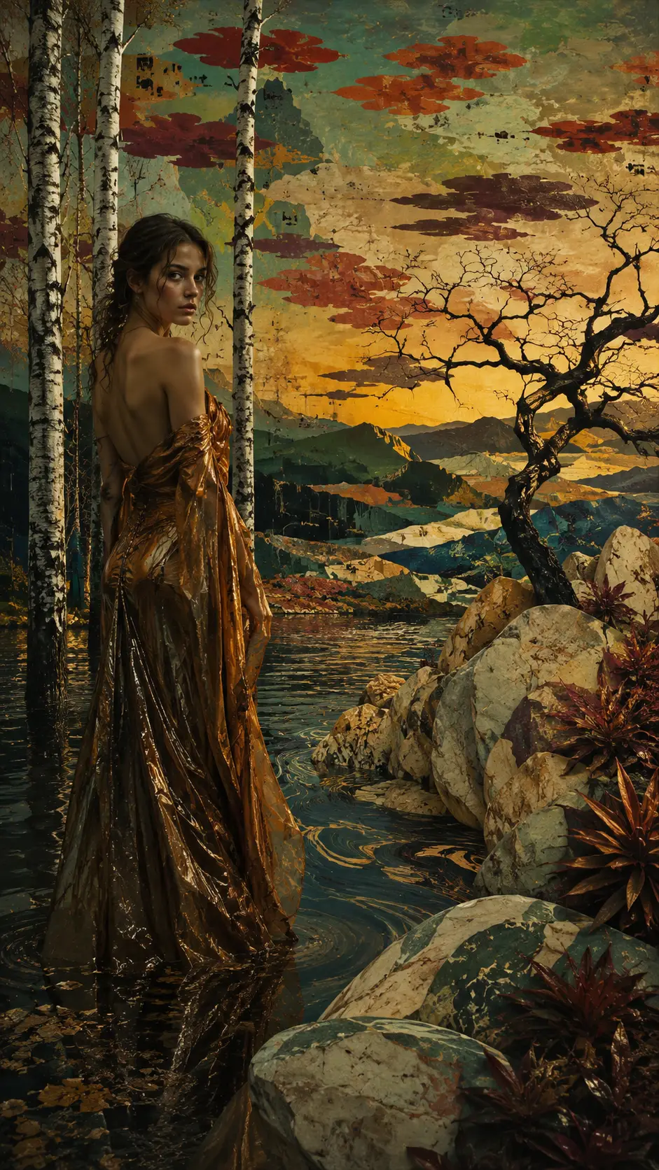Surreal woman in couture before mosaic rocks and stormy sea