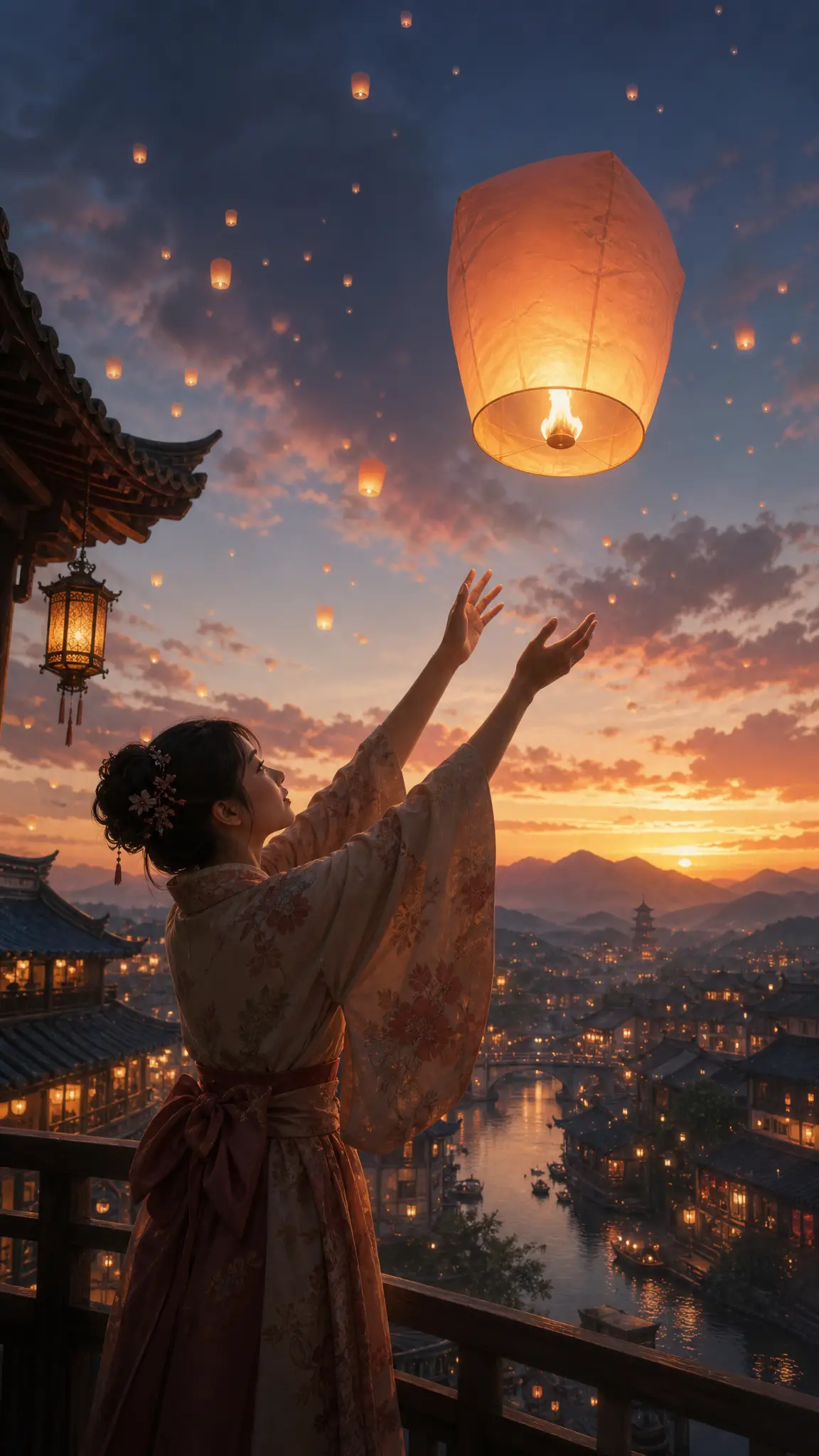 身穿和服的年輕女子在夕空中放天燈