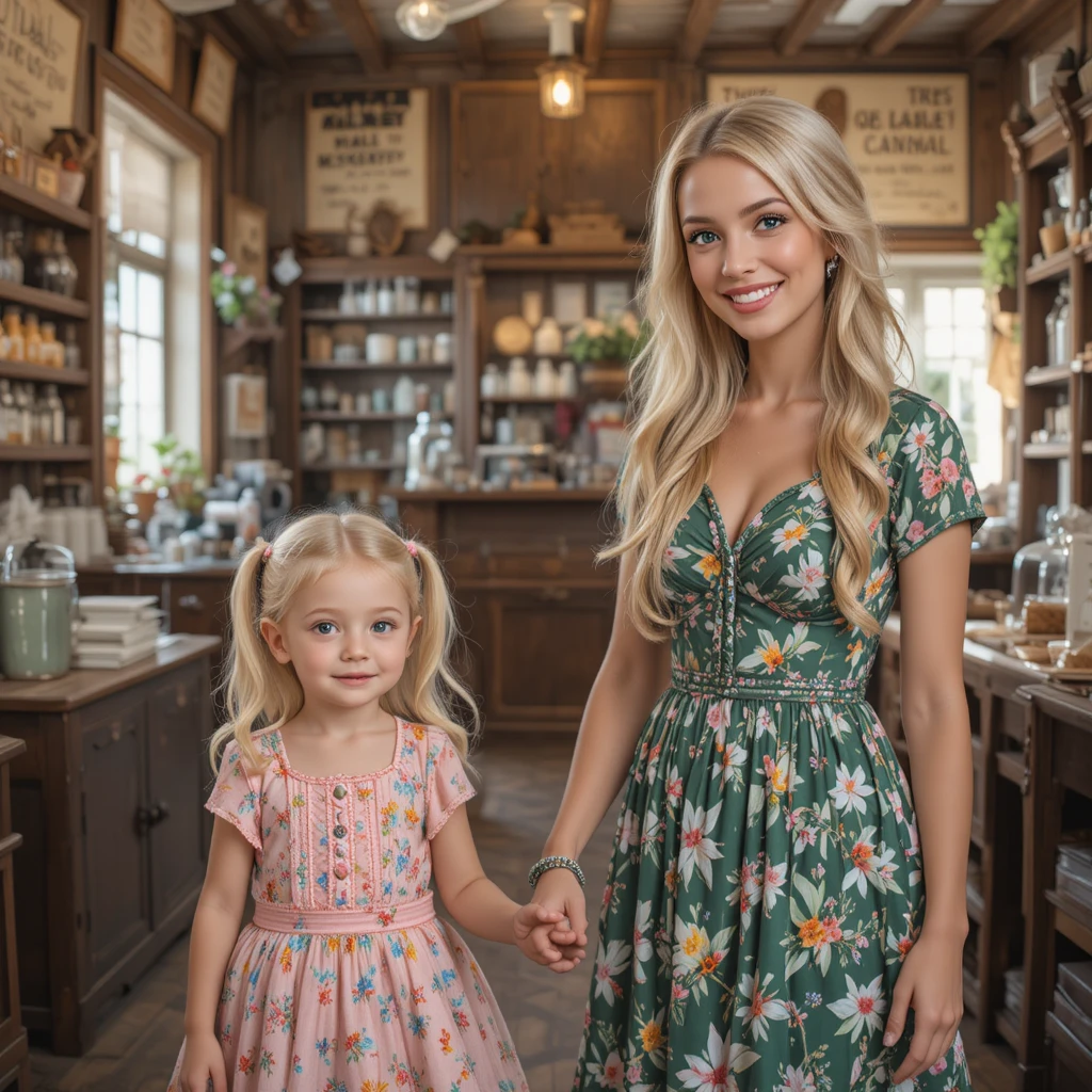 Fillette blonde souriante en robe rose dans un magasin général
