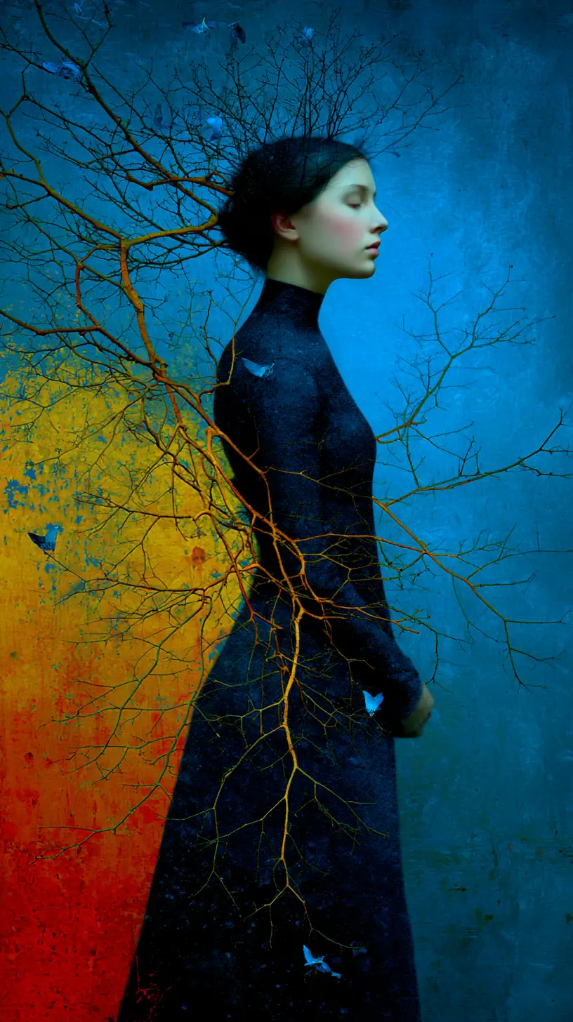 Femme de fantaisie éthérée dans un paysage amoureux surréaliste interdimensionnel
