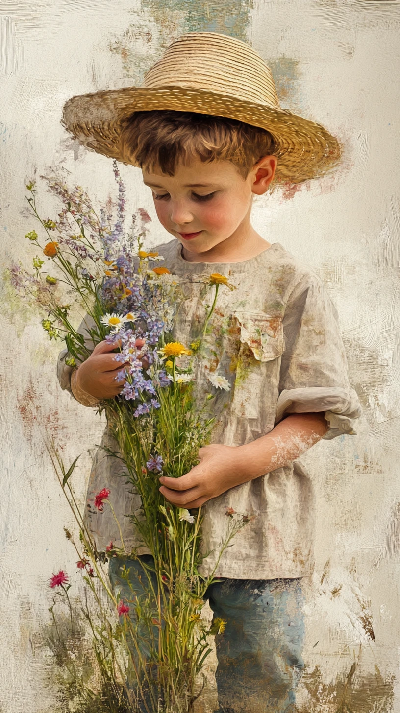 Little boy with straw hat holding wildflowers outdoors