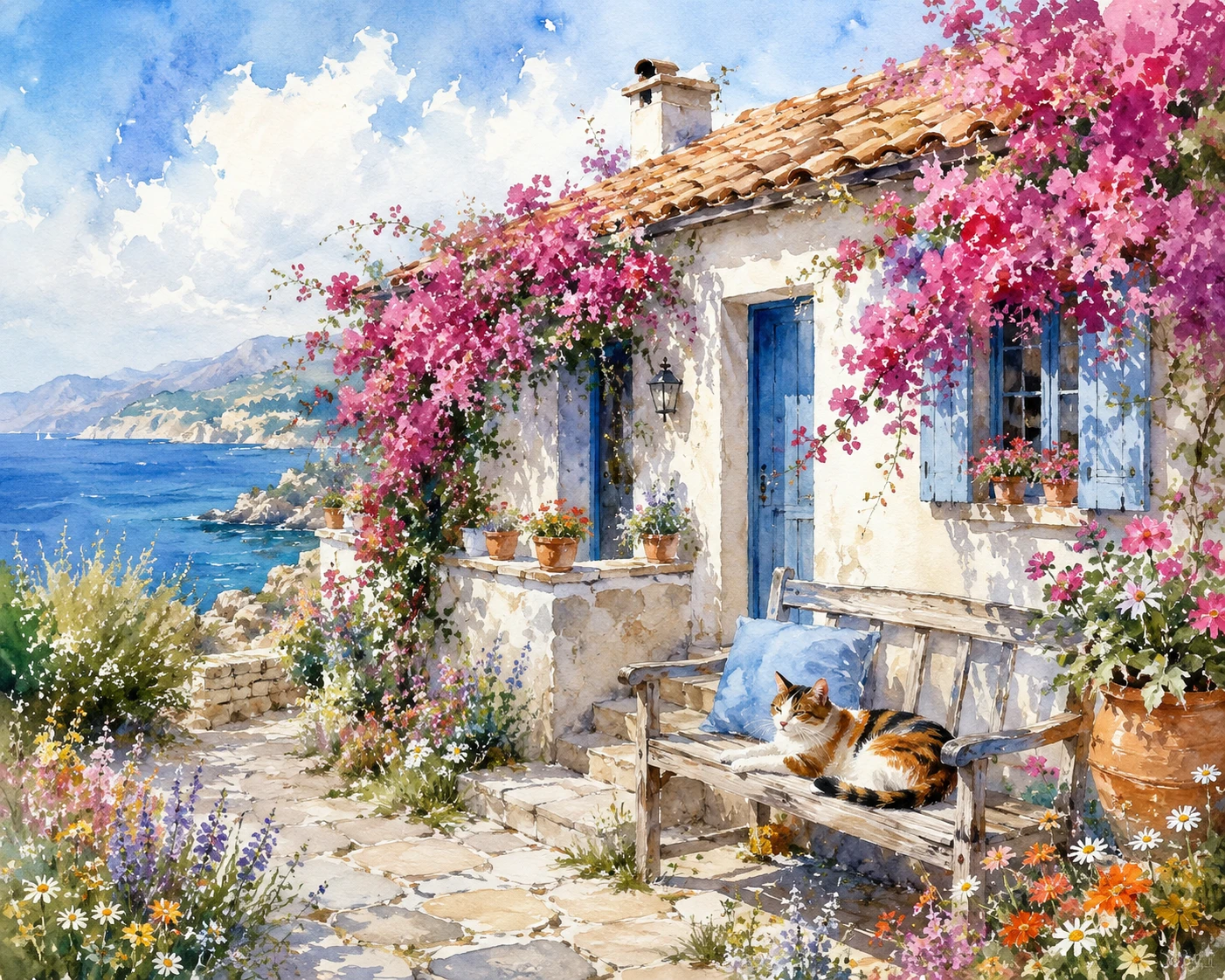 Giardino di cottage sul mare in acquerello con gatta calico