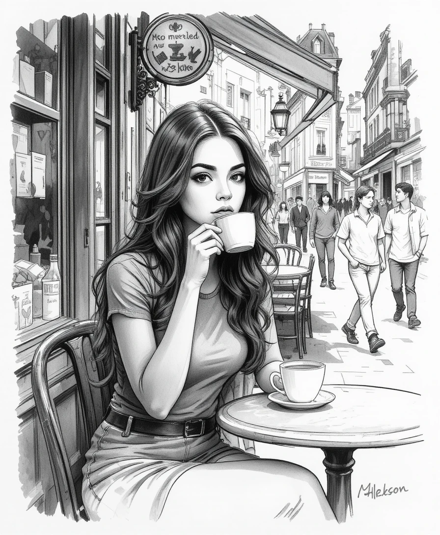 Young woman sipping coffee at a Paris street cafe