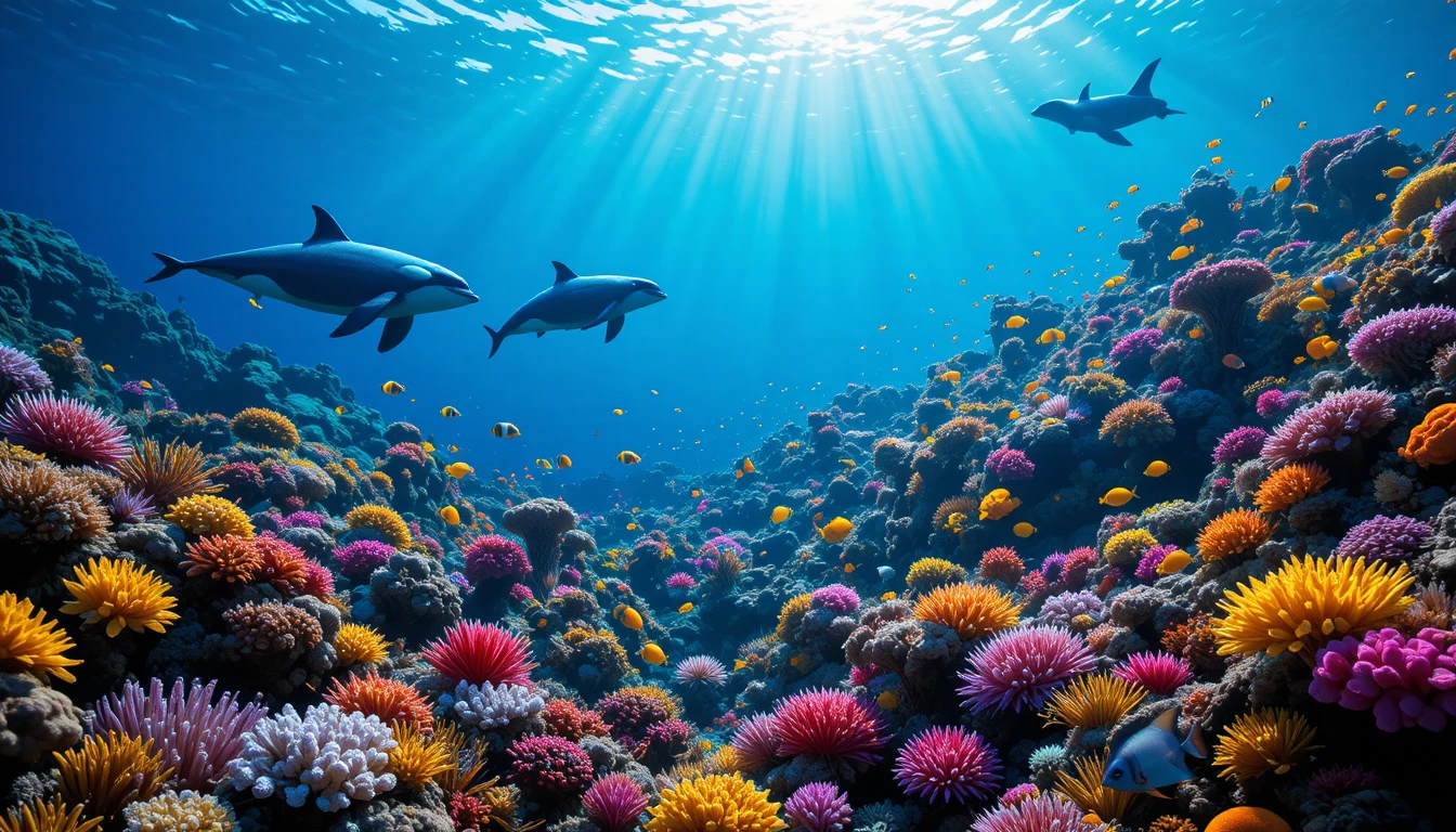Colorata barriera corallina con delfini, orca e tartaruga marina