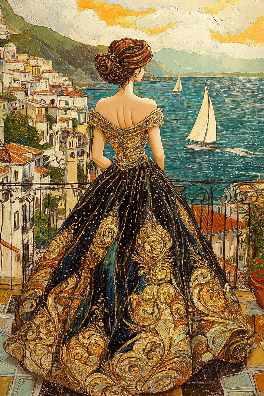 Elegant woman on a balcony above a sunlit harbor street