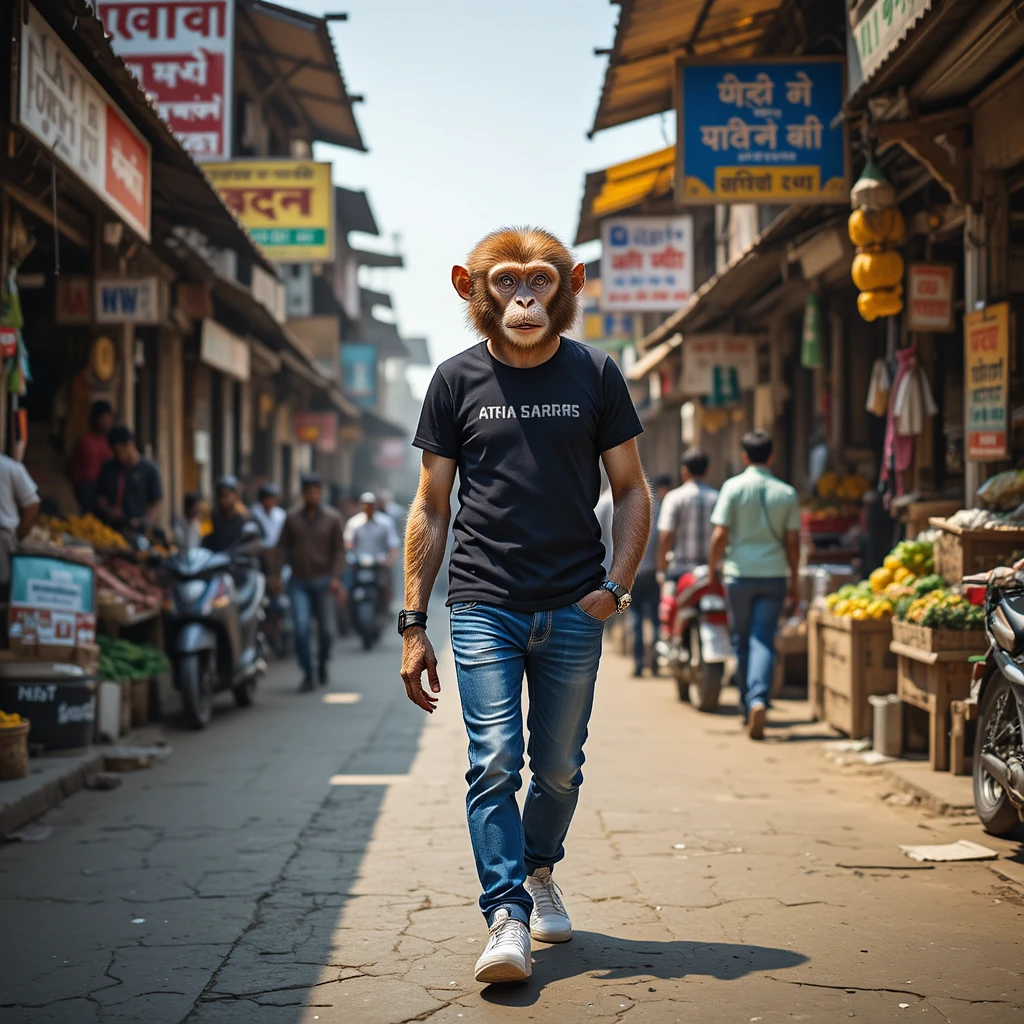 Anthropomorphic monkey walking through busy Indian street market