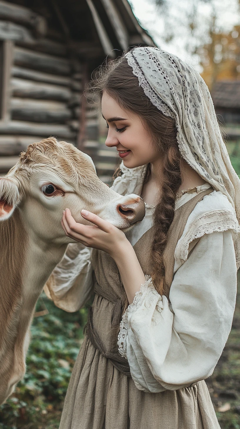Jovem com vaca em cenário rústico de fazenda