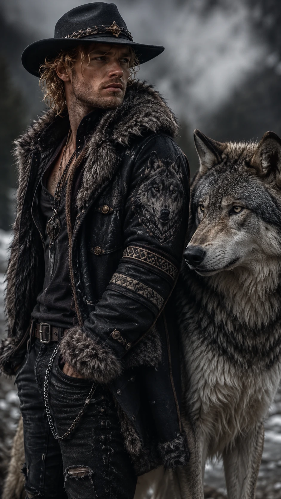 Homem loiro robusto em moda inspirada em lobo ao ar livre