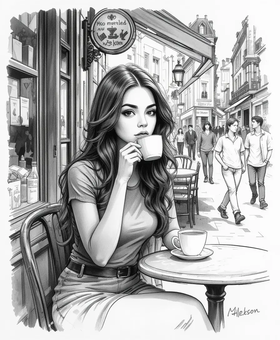Young woman sipping coffee at a Paris street cafe