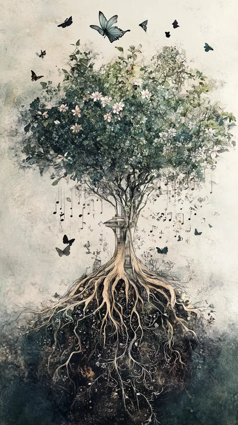 Ancient Roots Form Musical Symbols Beneath Enchanted Forest Trees