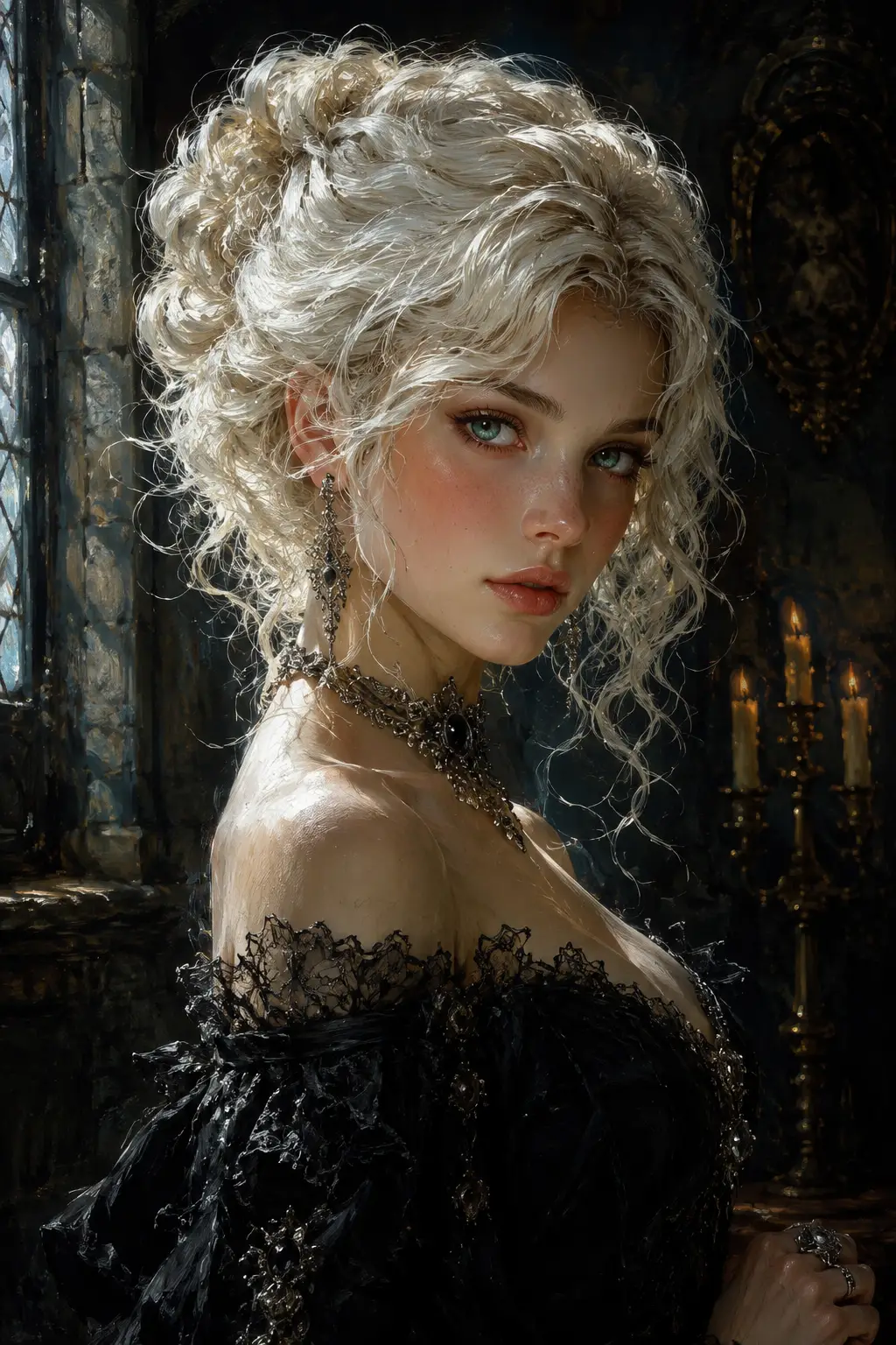 Gothic woman with platinum curls and vivid green eyes